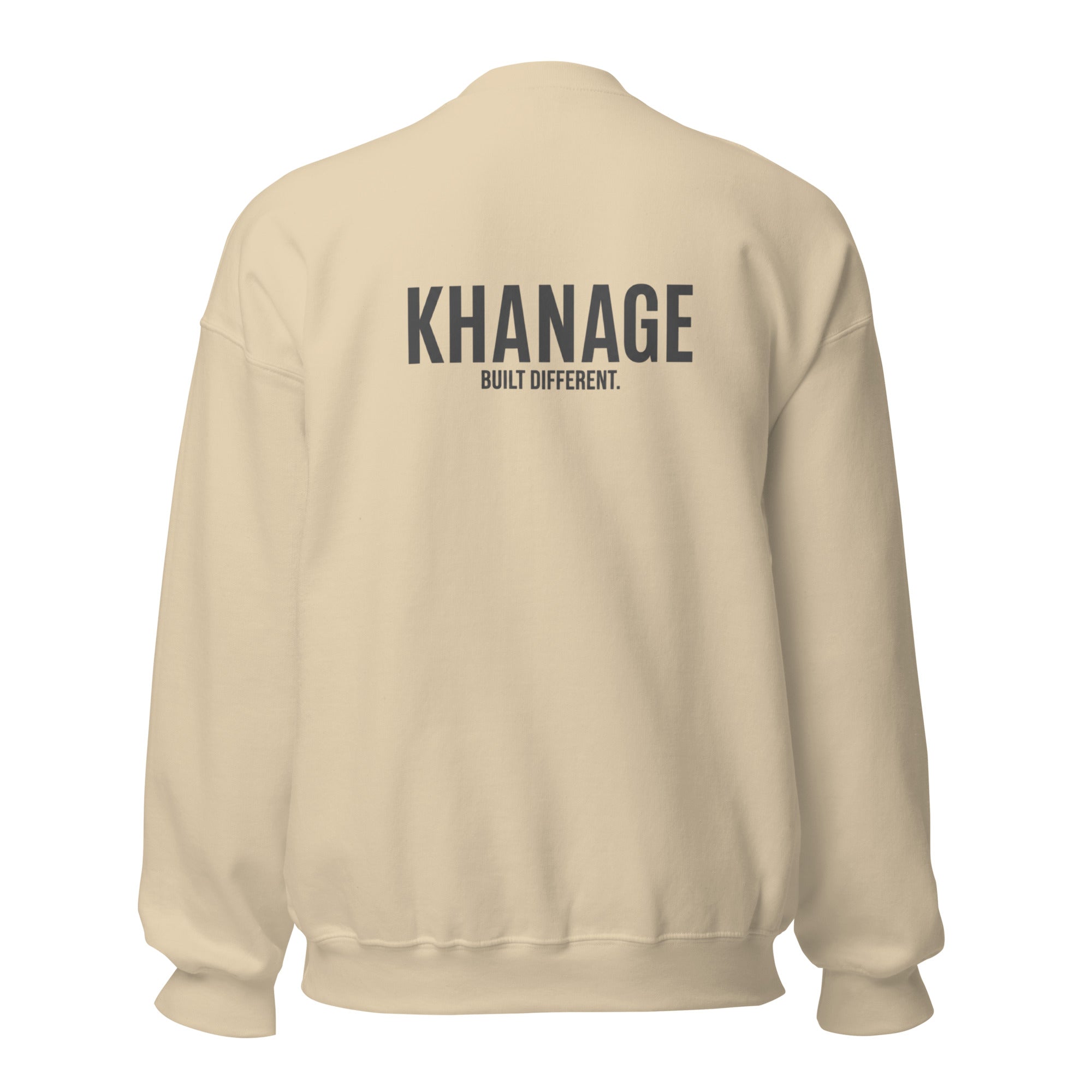 Rear view of KHANAGE Collective sand and black sweatshirt