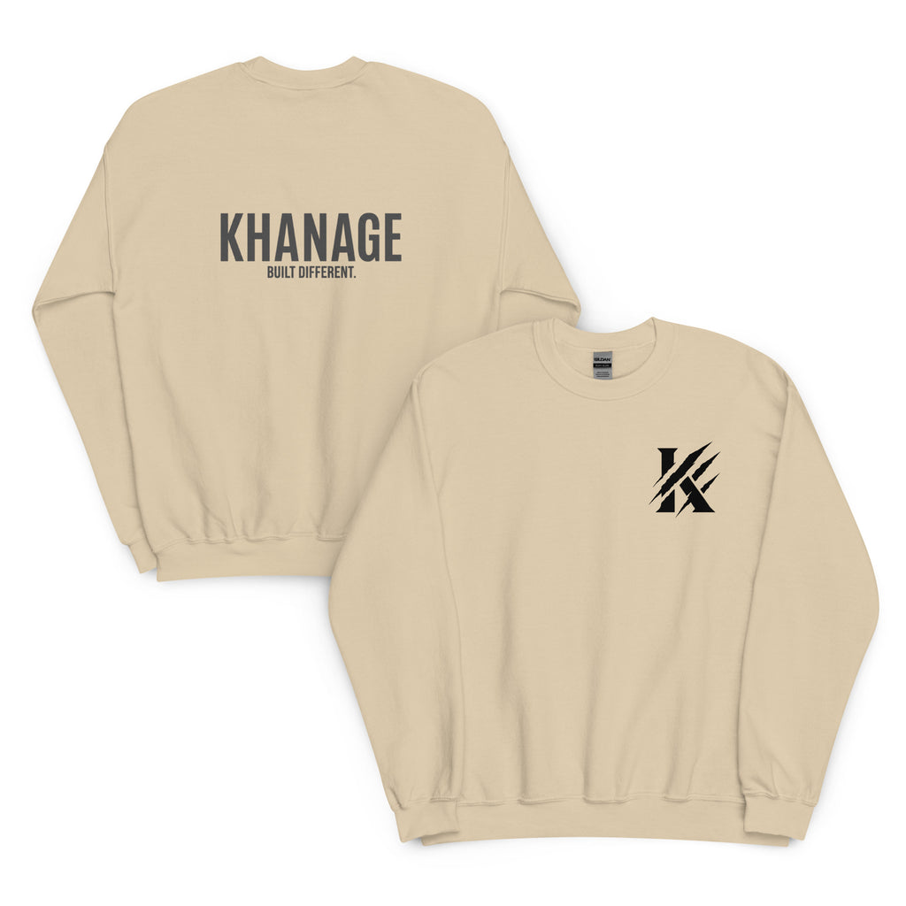 Close-up of black and front KHANAGE logo on sand sweatshirt