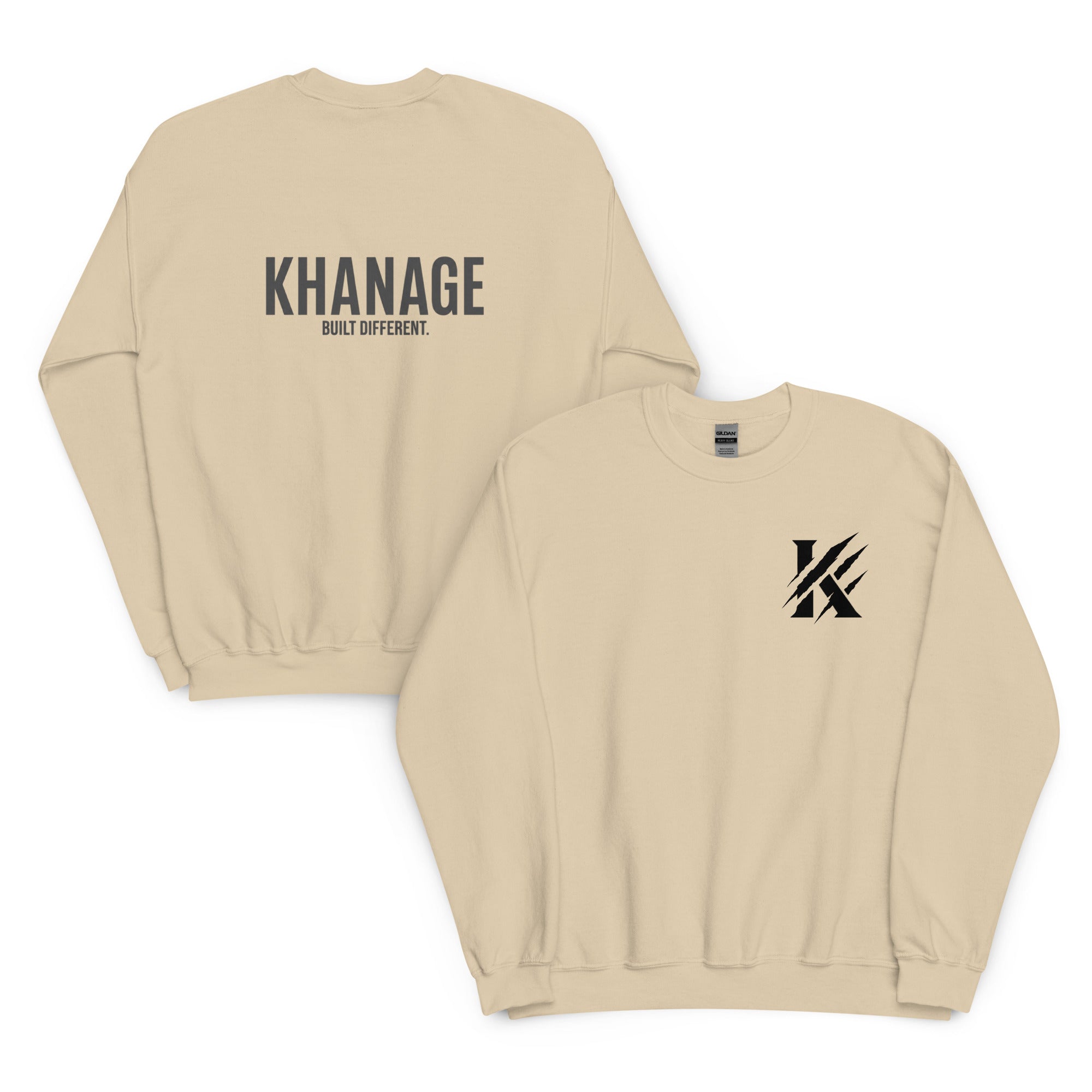 Close-up of black and front KHANAGE logo on sand sweatshirt