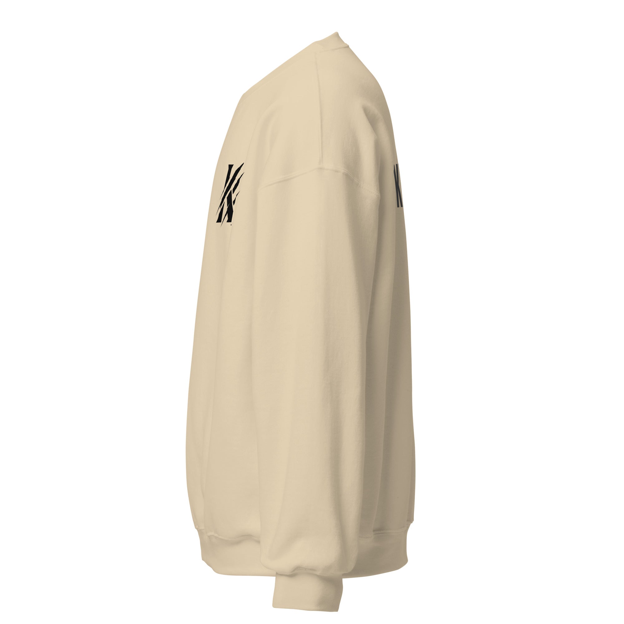 Side view of KHANAGE Collective sand black sweatshirt — New Zealand streetwear