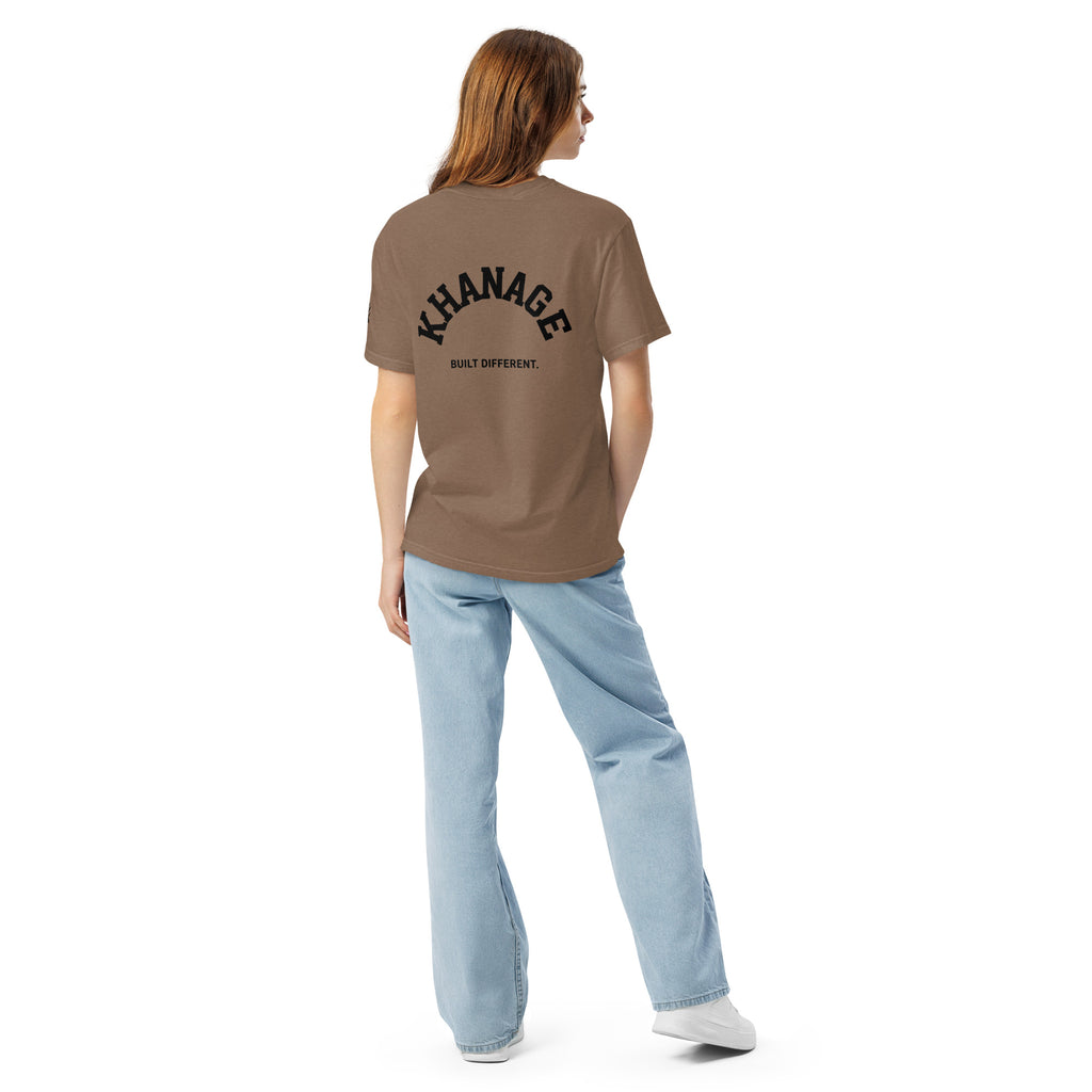 Rear view of KHANAGE Built Different heavyweight graphic tee