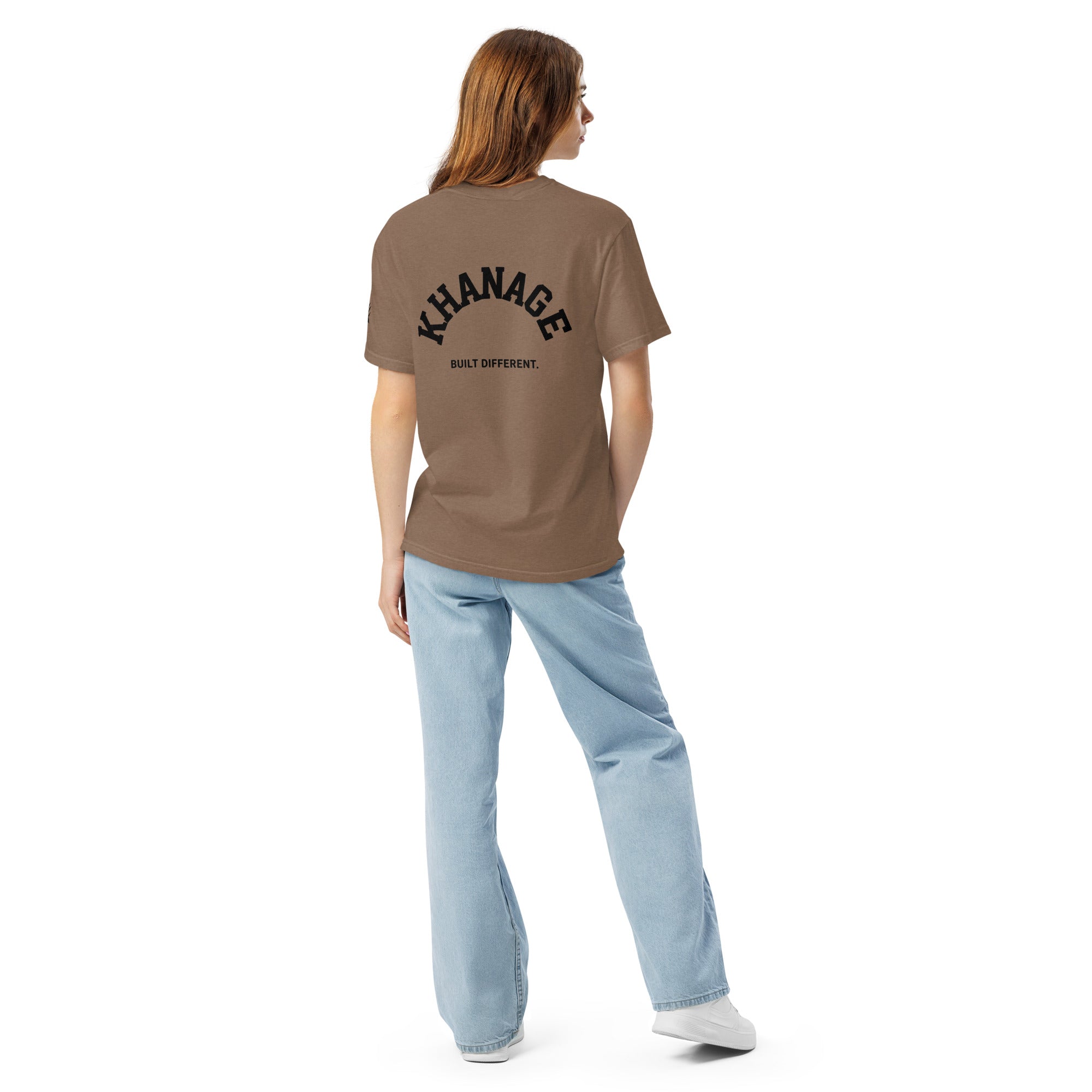 Rear view of KHANAGE Built Different heavyweight graphic tee