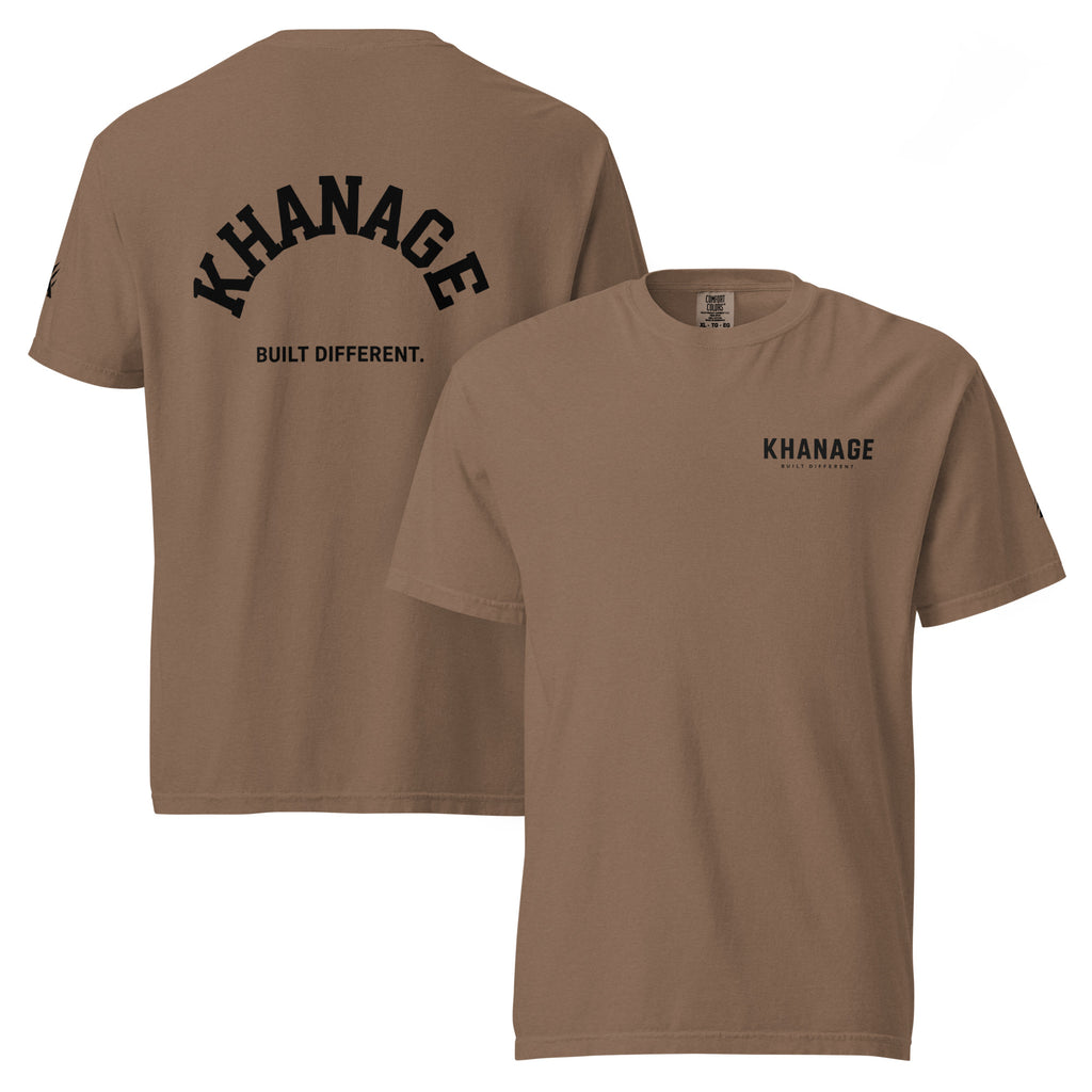 Front and Rear view of KHANAGE Built Different unisex-garment-dyed heavyweight graphic tee — streetwear NZ