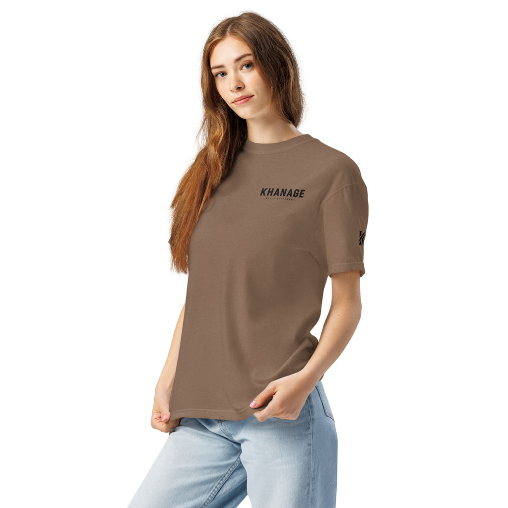 Front view of KHANAGE Built Different heavyweight graphic tee — streetwear NZ