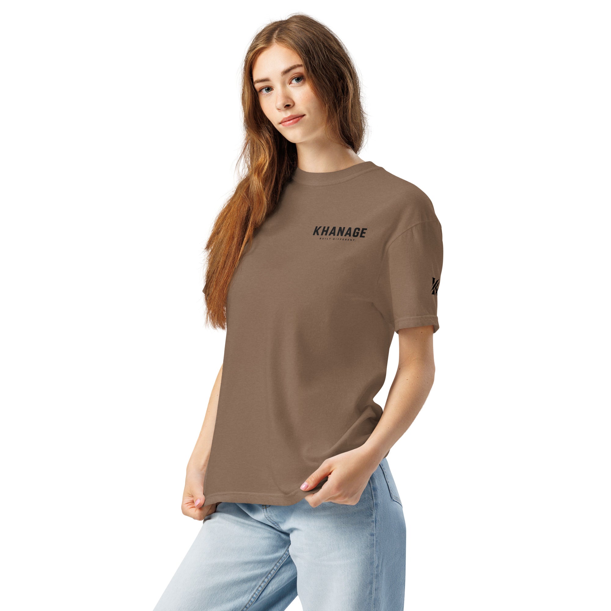 Front view of KHANAGE Built Different heavyweight graphic tee — streetwear NZ
