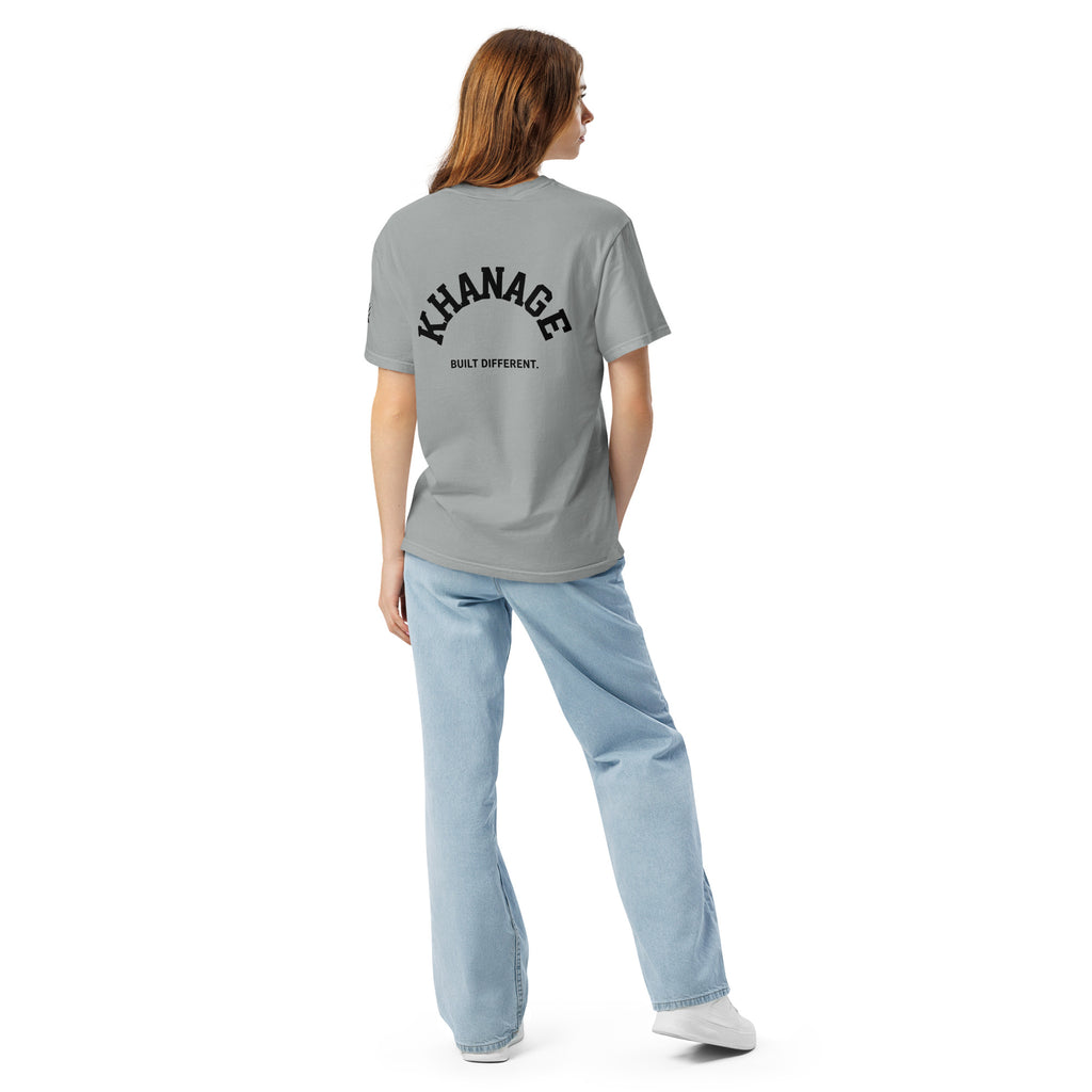 Rear view of KHANAGE Built Different heavyweight graphic tee