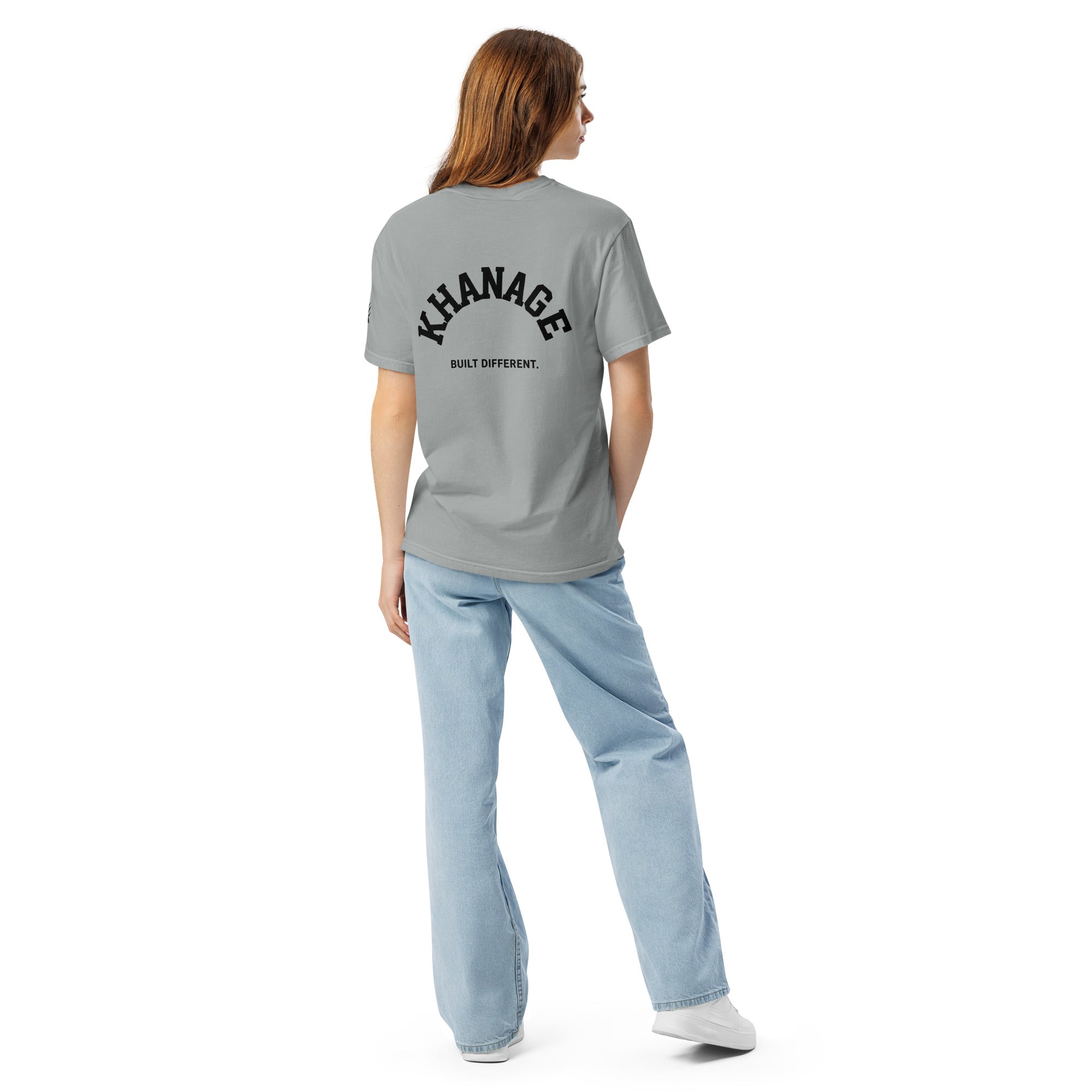 Rear view of KHANAGE Built Different heavyweight graphic tee