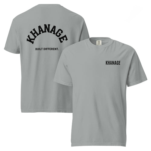 Front and Rear view of KHANAGE Built Different classic heavyweight t-shirt — streetwear tee NZ