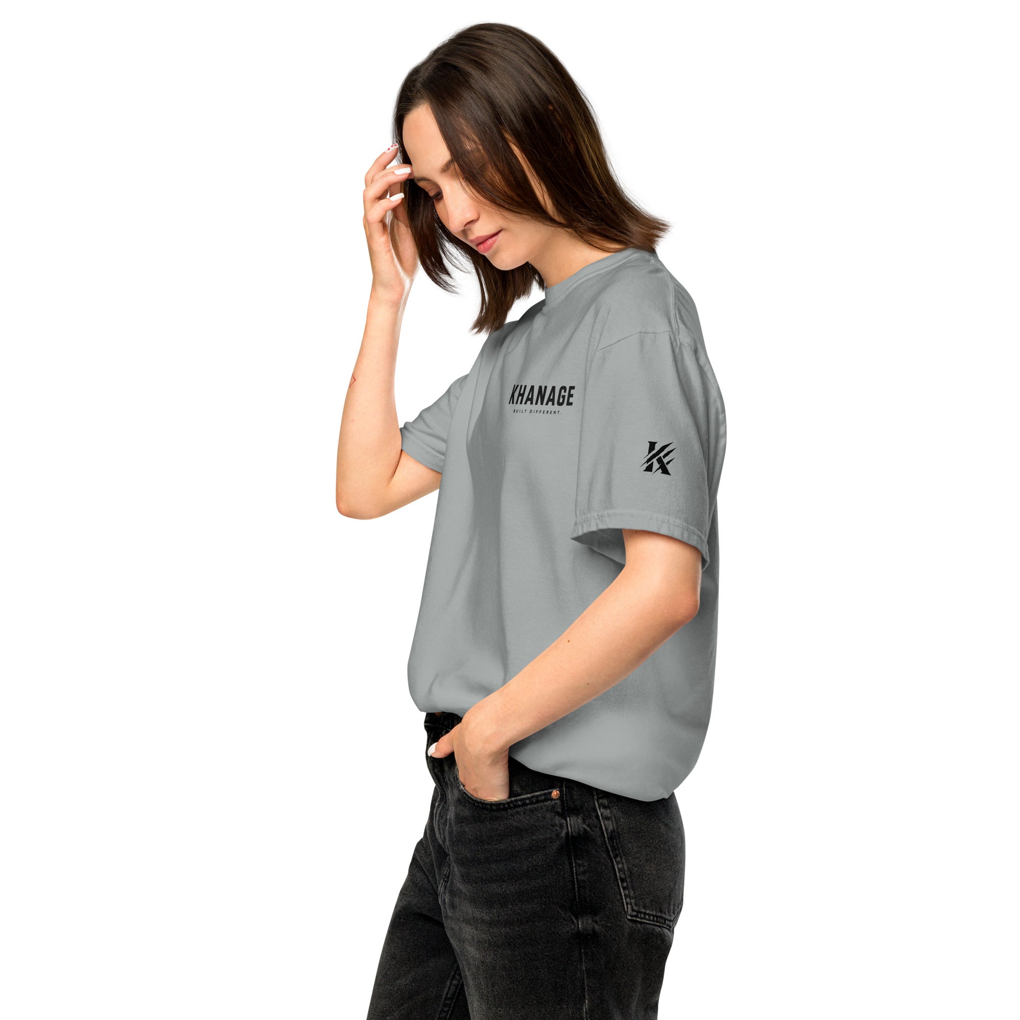 Side view of KHANAGE Built Different heavyweight graphic tee — New Zealand streetwear