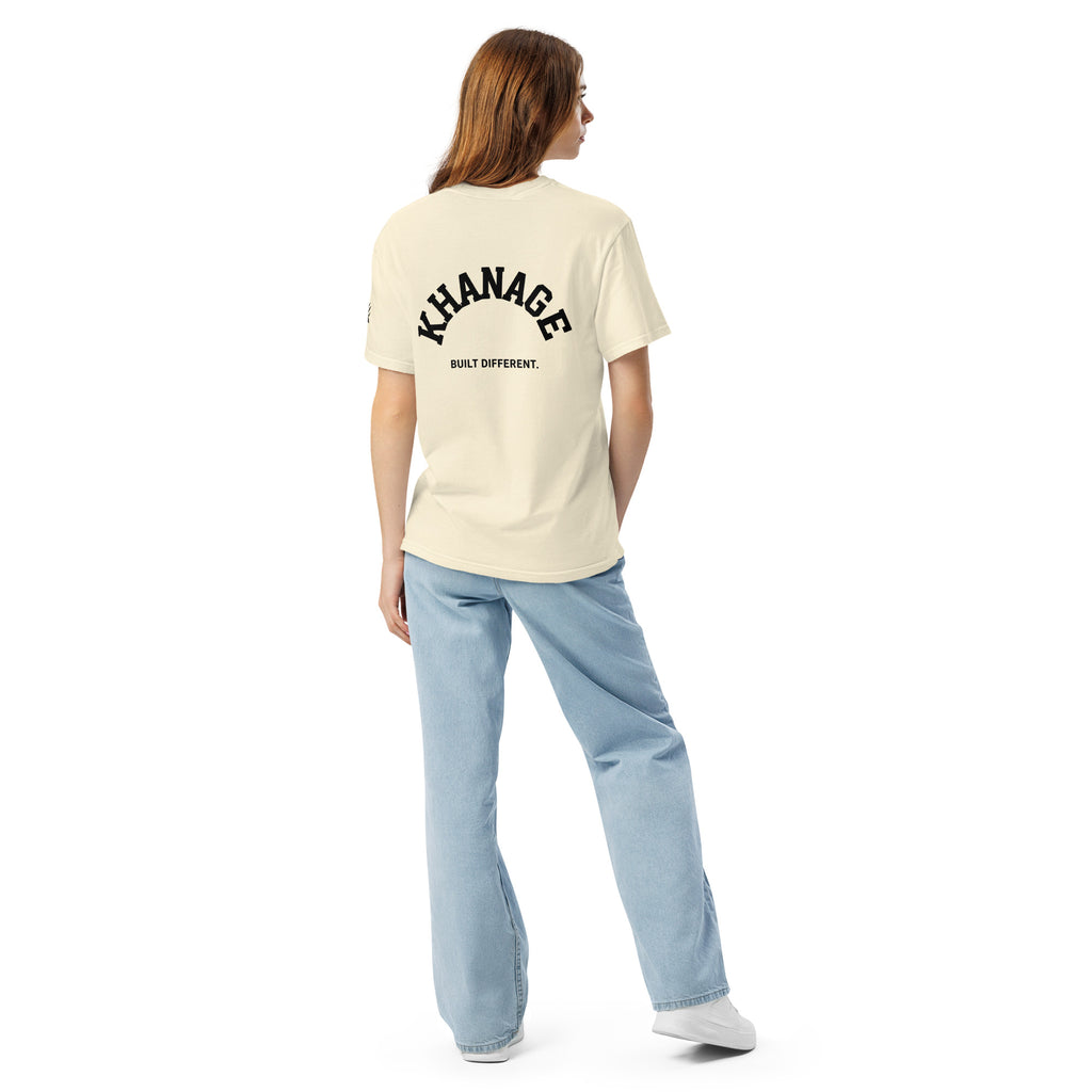 Rear view of KHANAGE Built Different heavyweight graphic tee