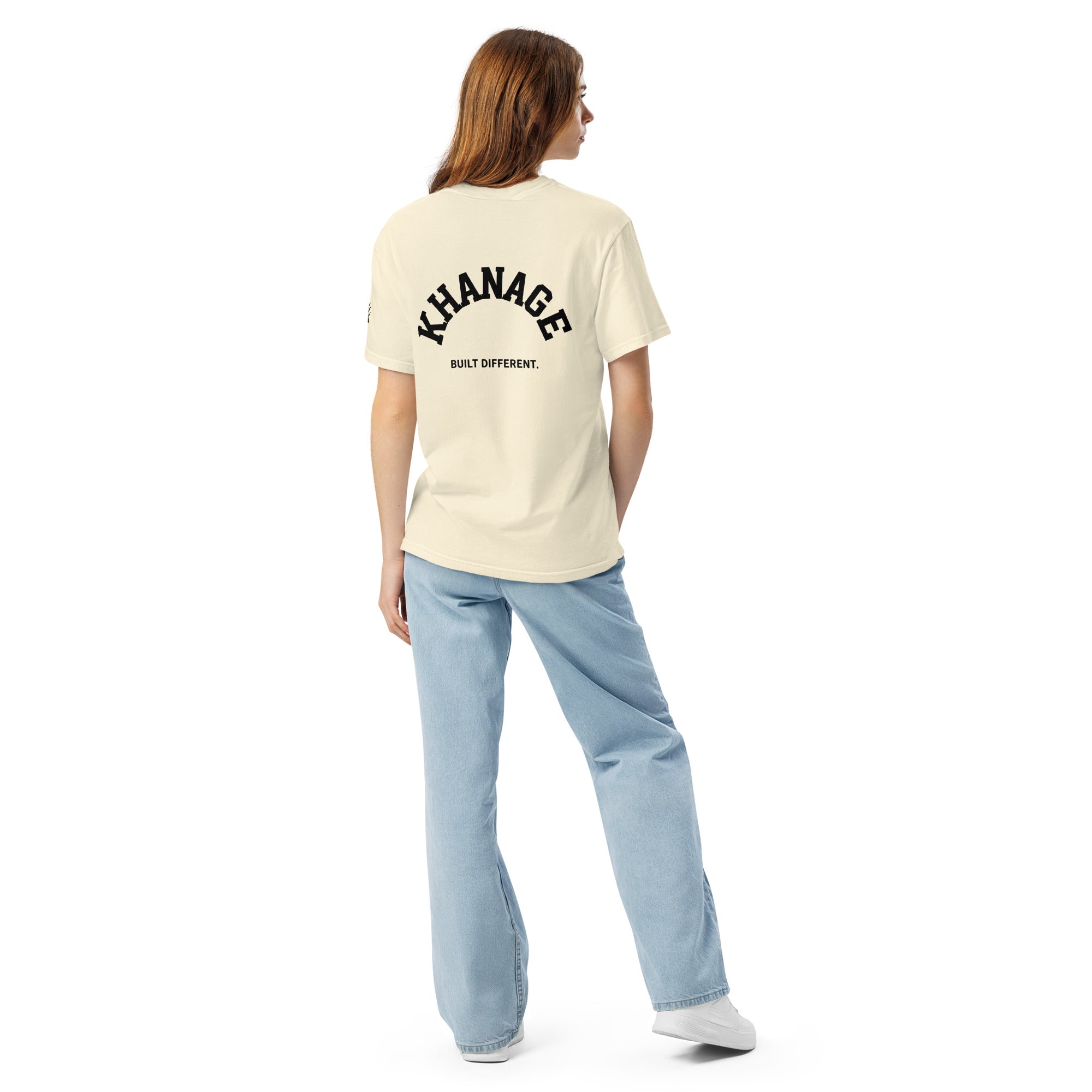 Rear view of KHANAGE Built Different heavyweight graphic tee