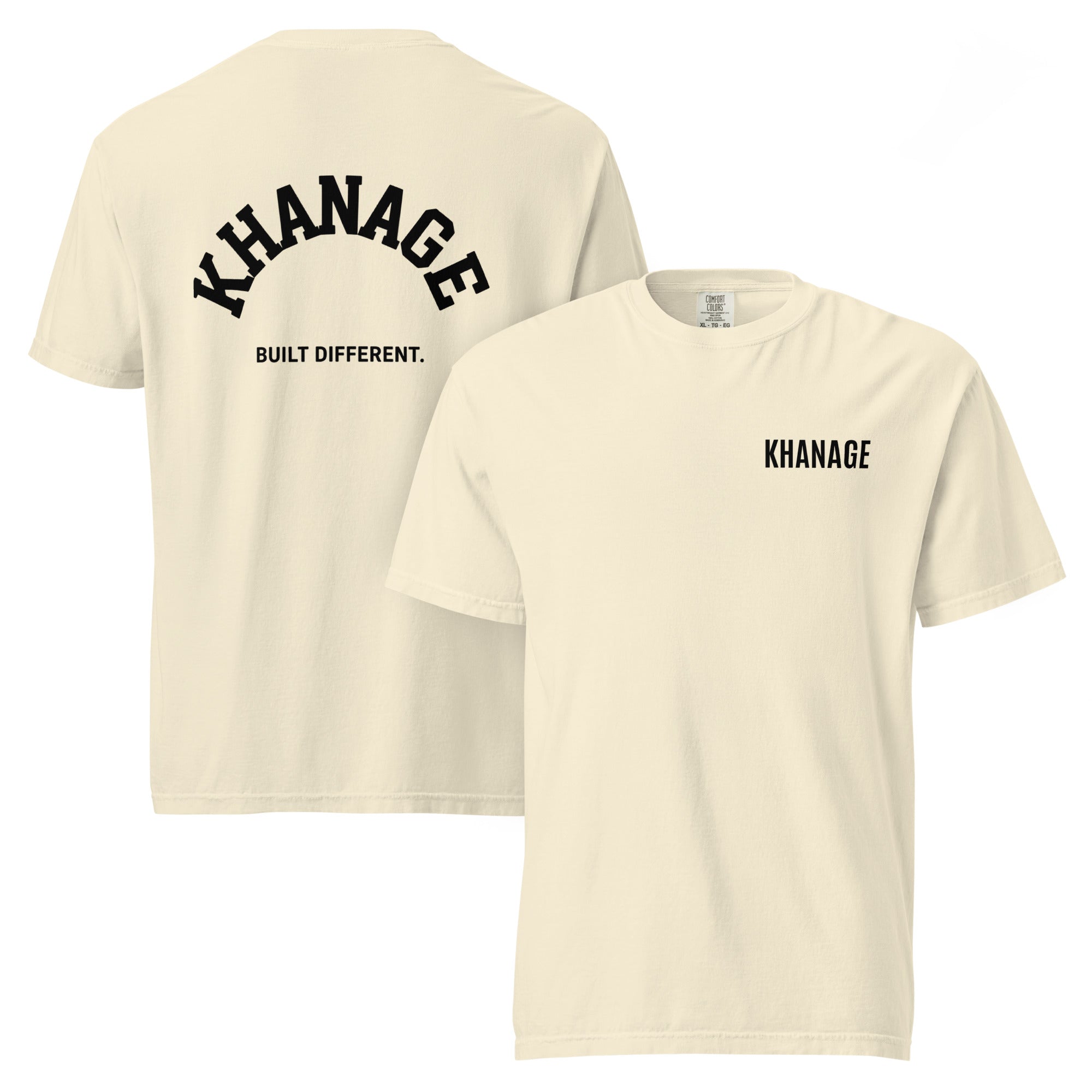 Front and Rear view of KHANAGE Built Different classic heavyweight t-shirt — streetwear tee NZ