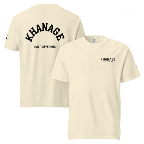 Front and Rear view of KHANAGE Built Different unisex-garment-dyed heavyweight graphic tee — streetwear NZ