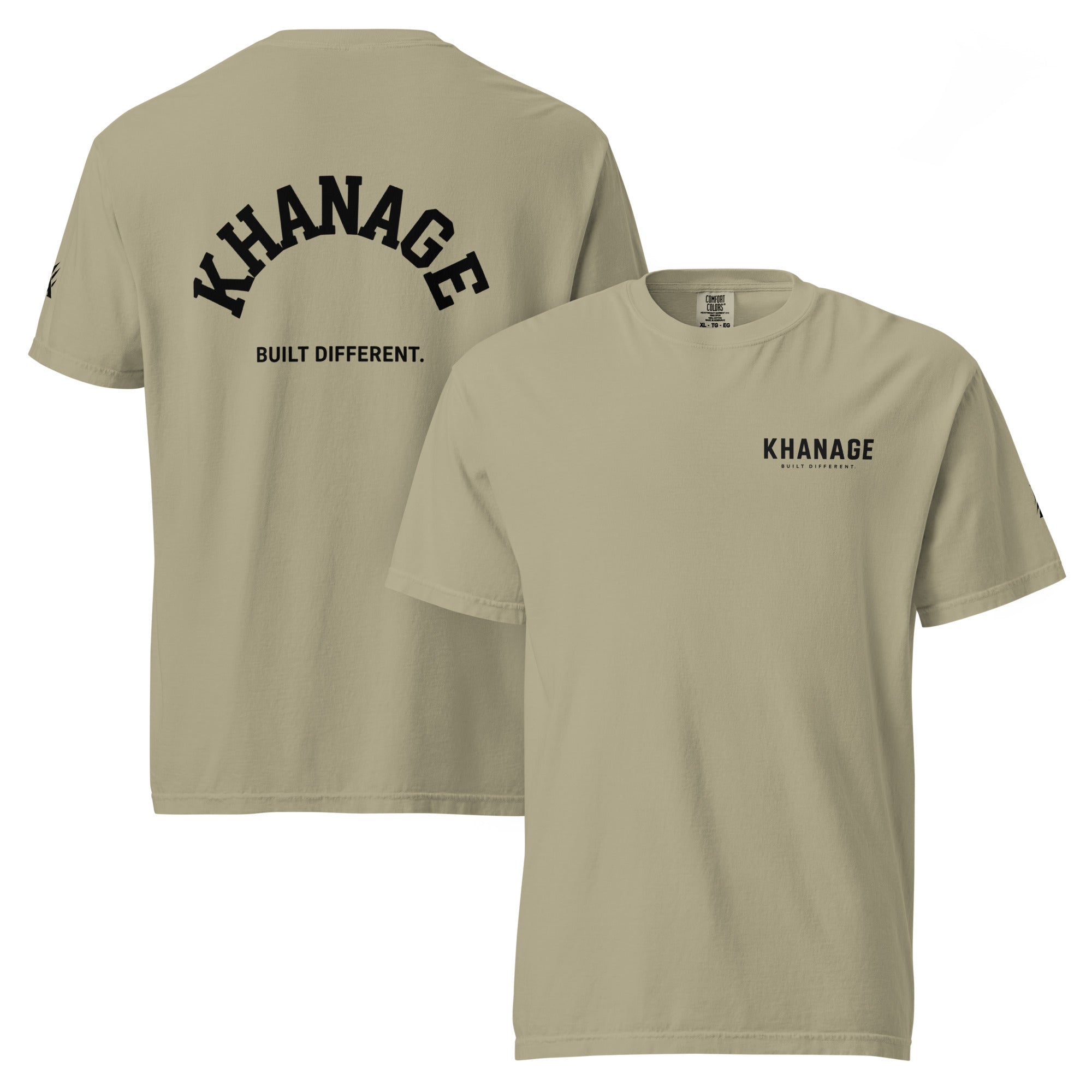 Front and Rear view of KHANAGE Built Different unisex-garment-dyed heavyweight graphic tee — streetwear NZ