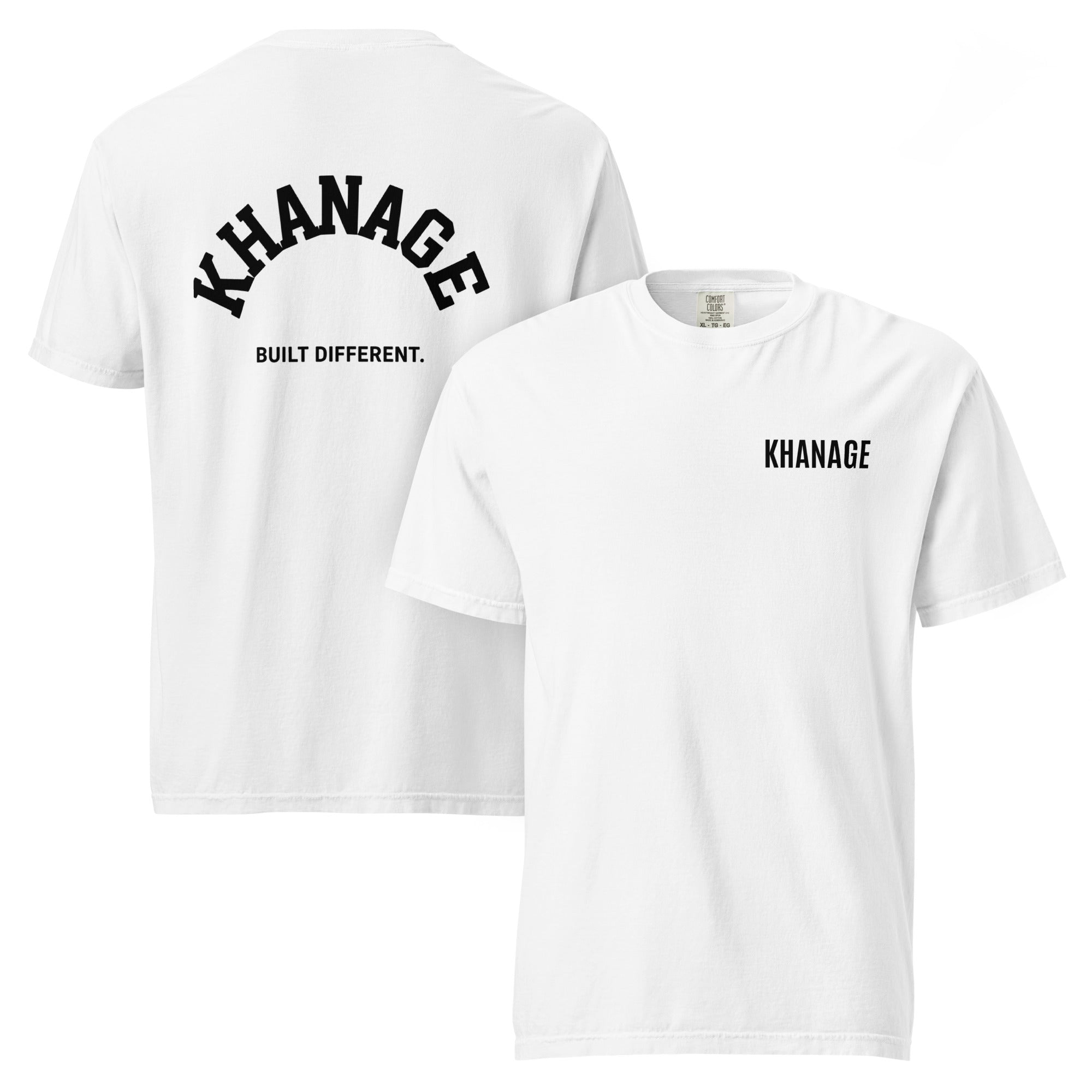 Front and Rear view of KHANAGE Built Different classic heavyweight t-shirt — streetwear tee NZ