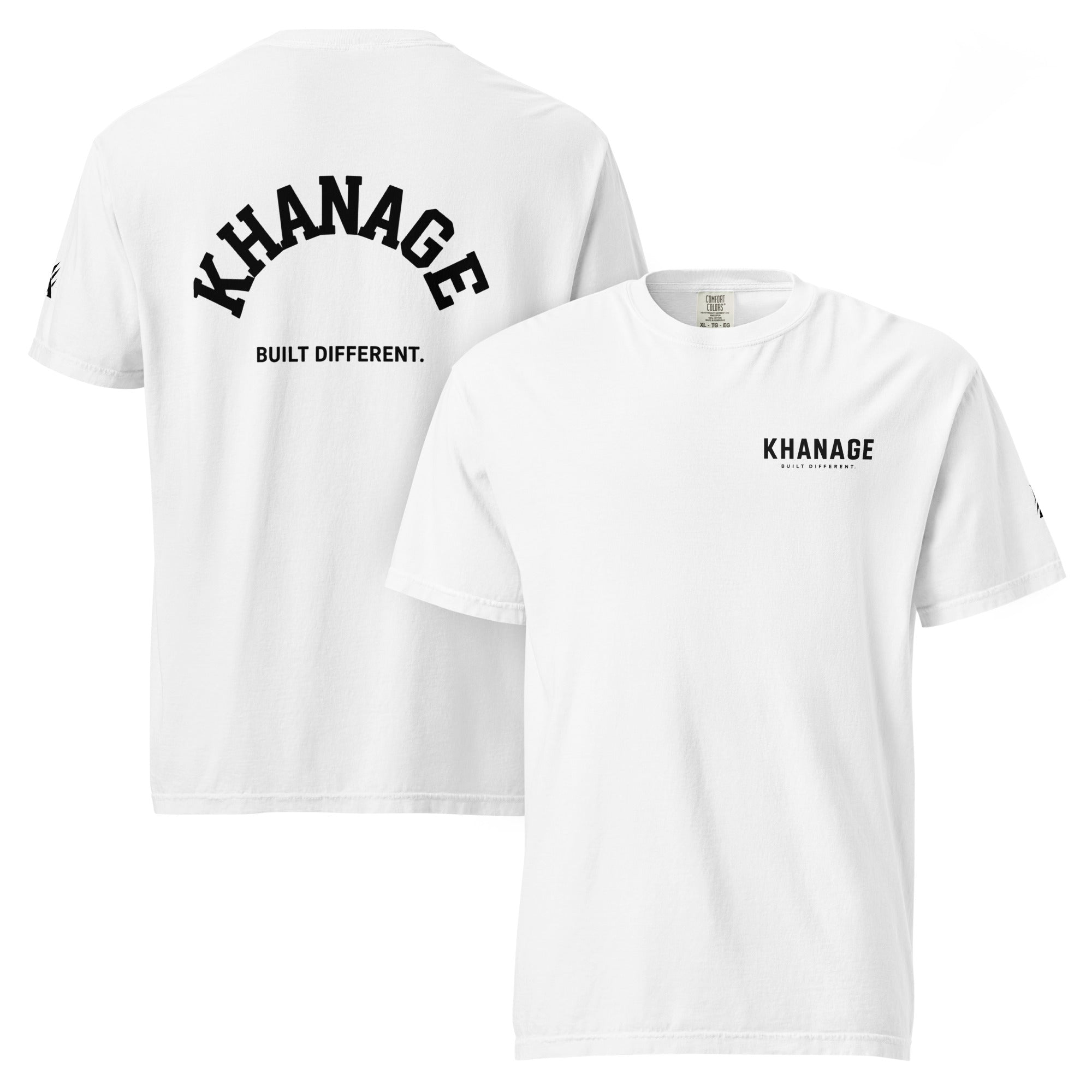 Front and Rear view of KHANAGE Built Different unisex-garment-dyed heavyweight graphic tee — streetwear NZ