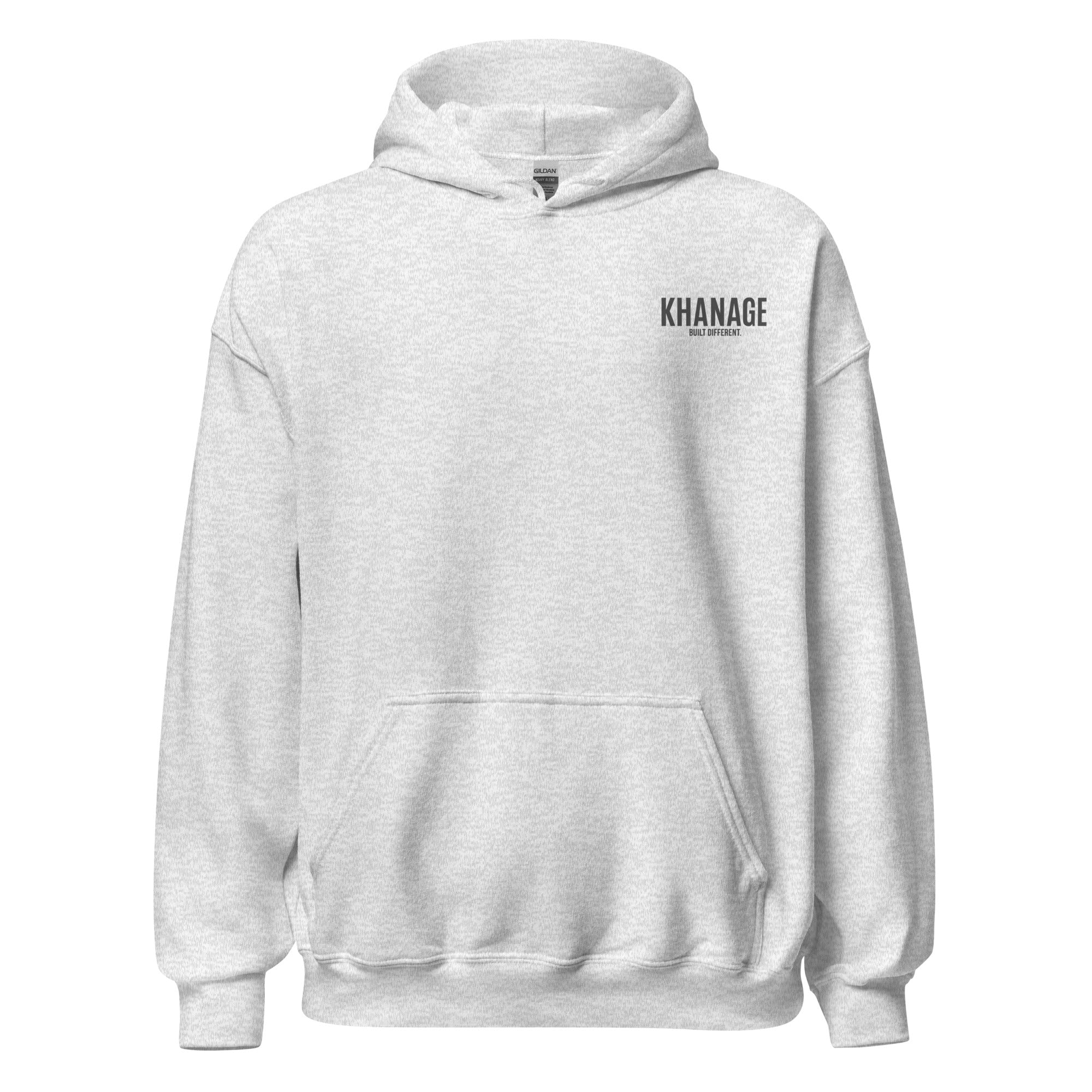 Front view of KHANAGE Collective heavy blend hoodie in ash