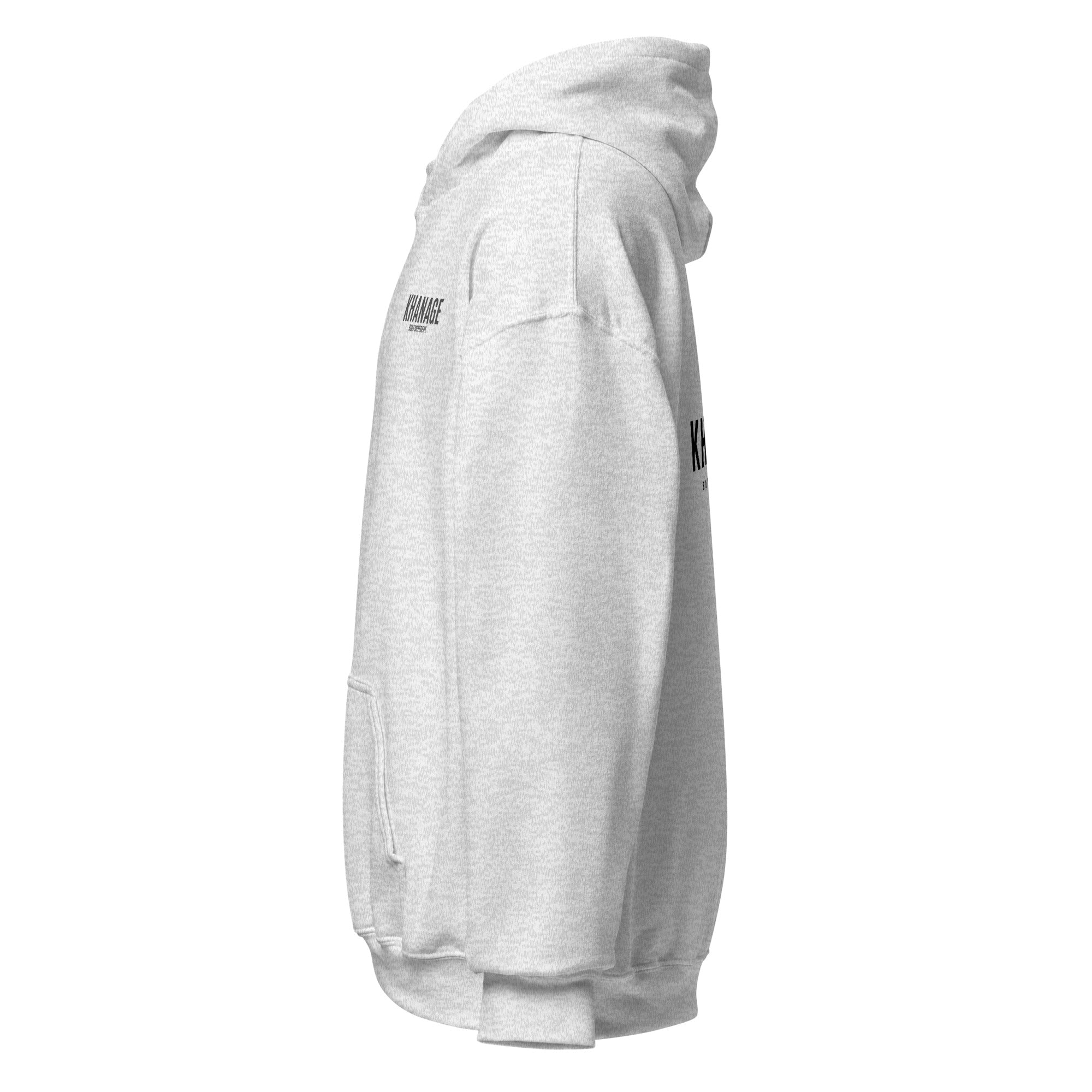 Left Side view of KHANAGE Collective heavy blend hoodie in ash