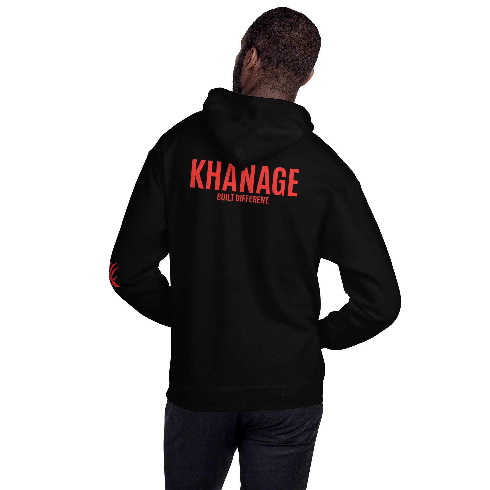Rear view of KHANAGE Collective black and red heavyweight hoodie