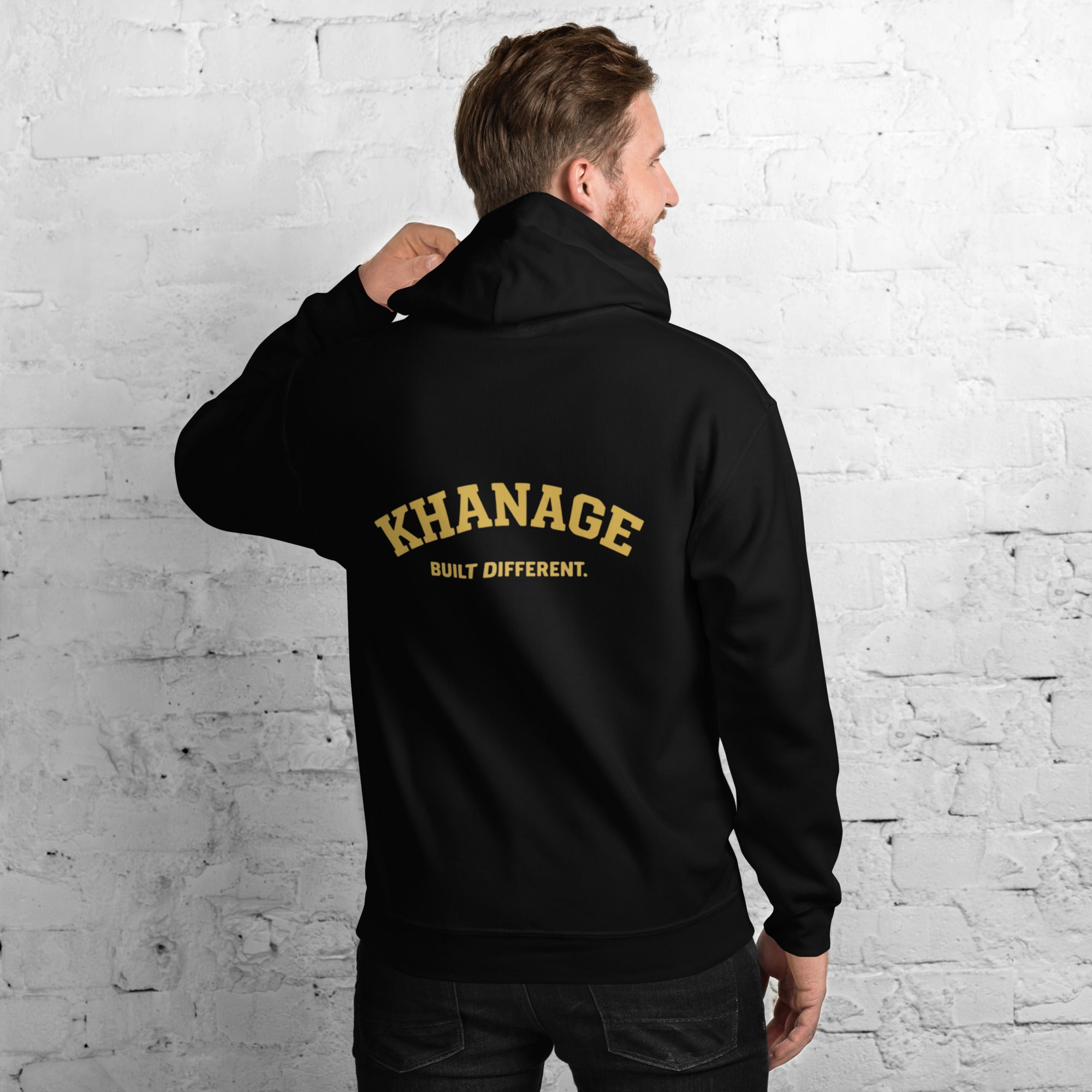 Rear view of KHANAGE Built Different premium hoodie