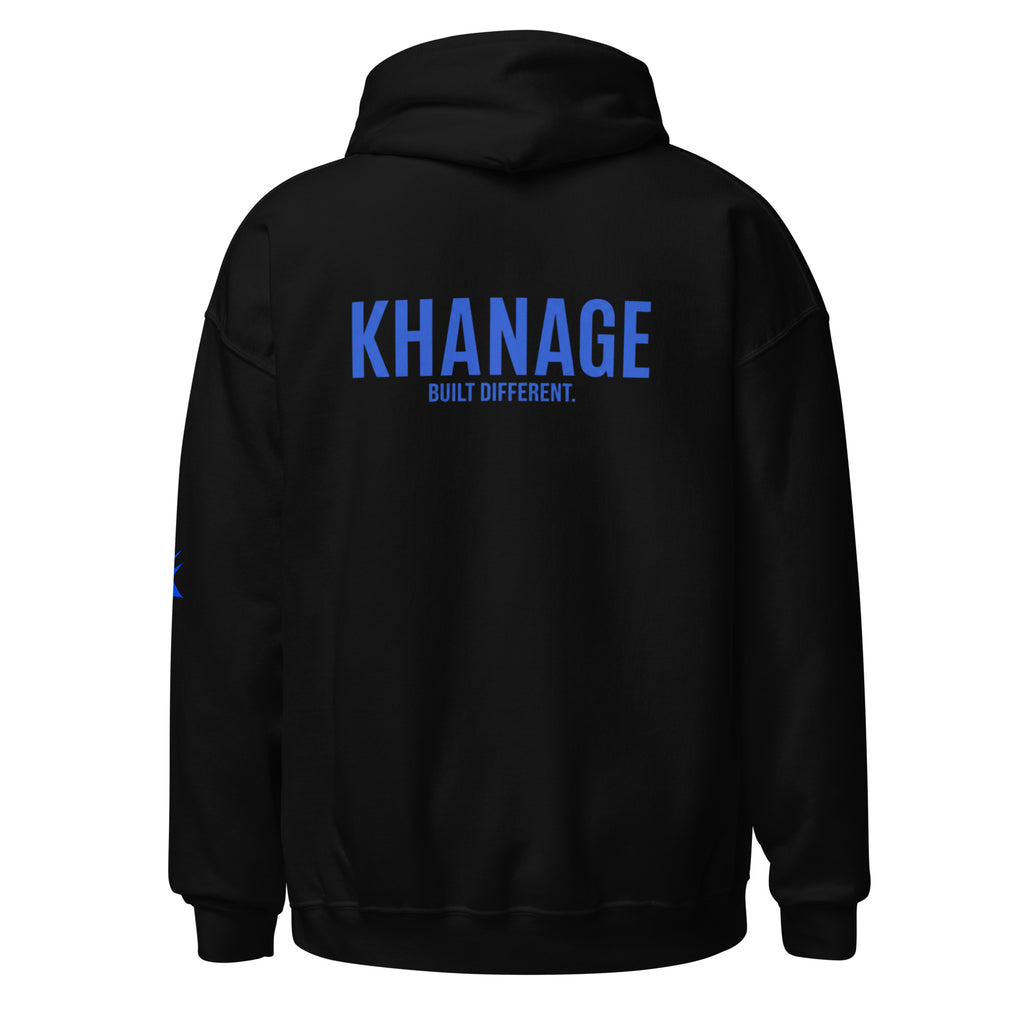 Rear view of KHANAGE Collective cobalt blue signature hoodie