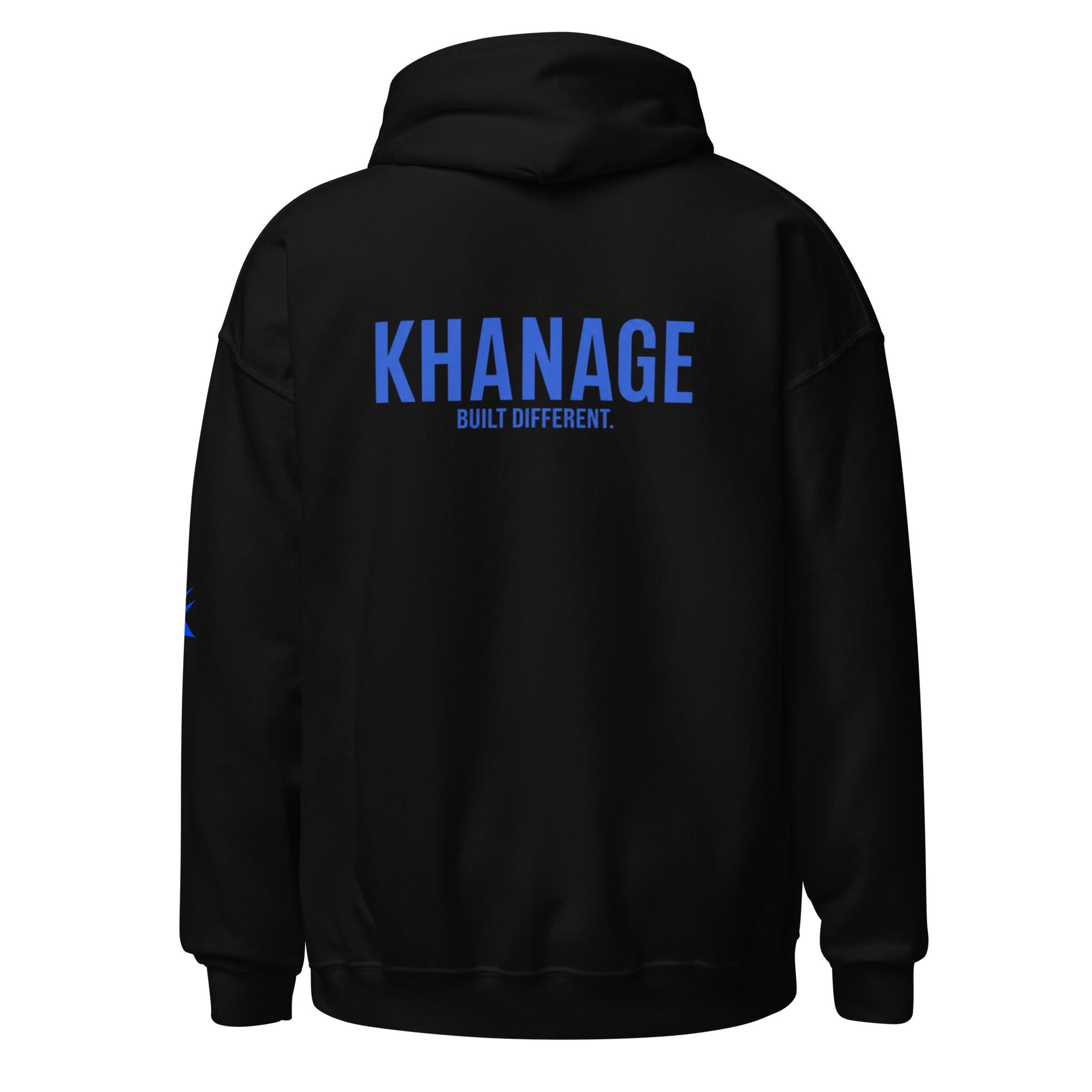 Rear view of KHANAGE Collective cobalt blue signature hoodie