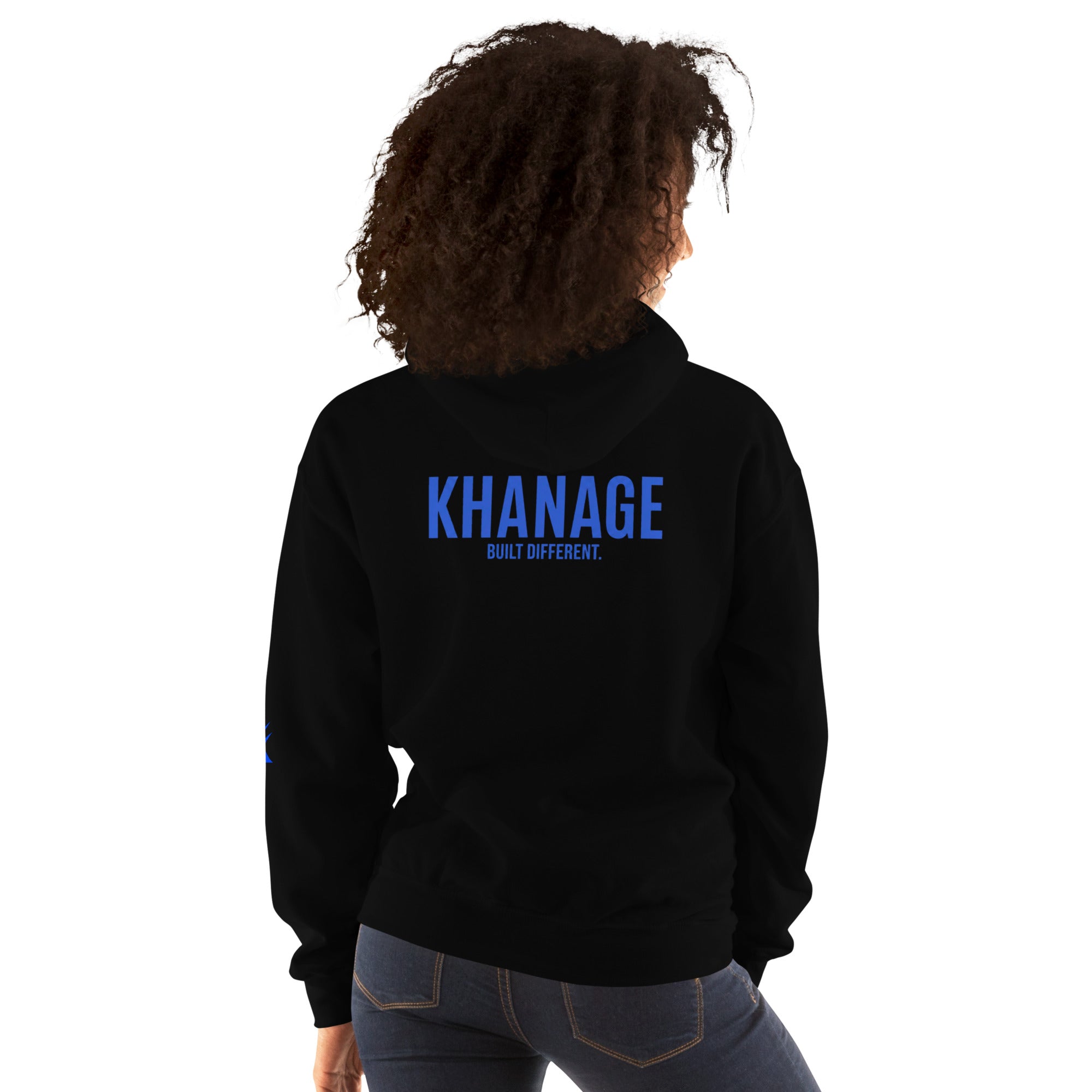ear view of KHANAGE Collective cobalt blue signature hoodie