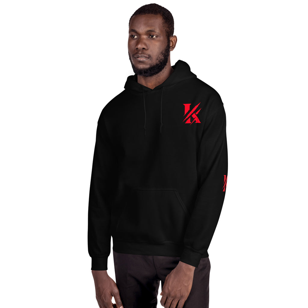 Front view of KHANAGE Collective heavyweight hoodie in black with red logo — premium streetwear NZ