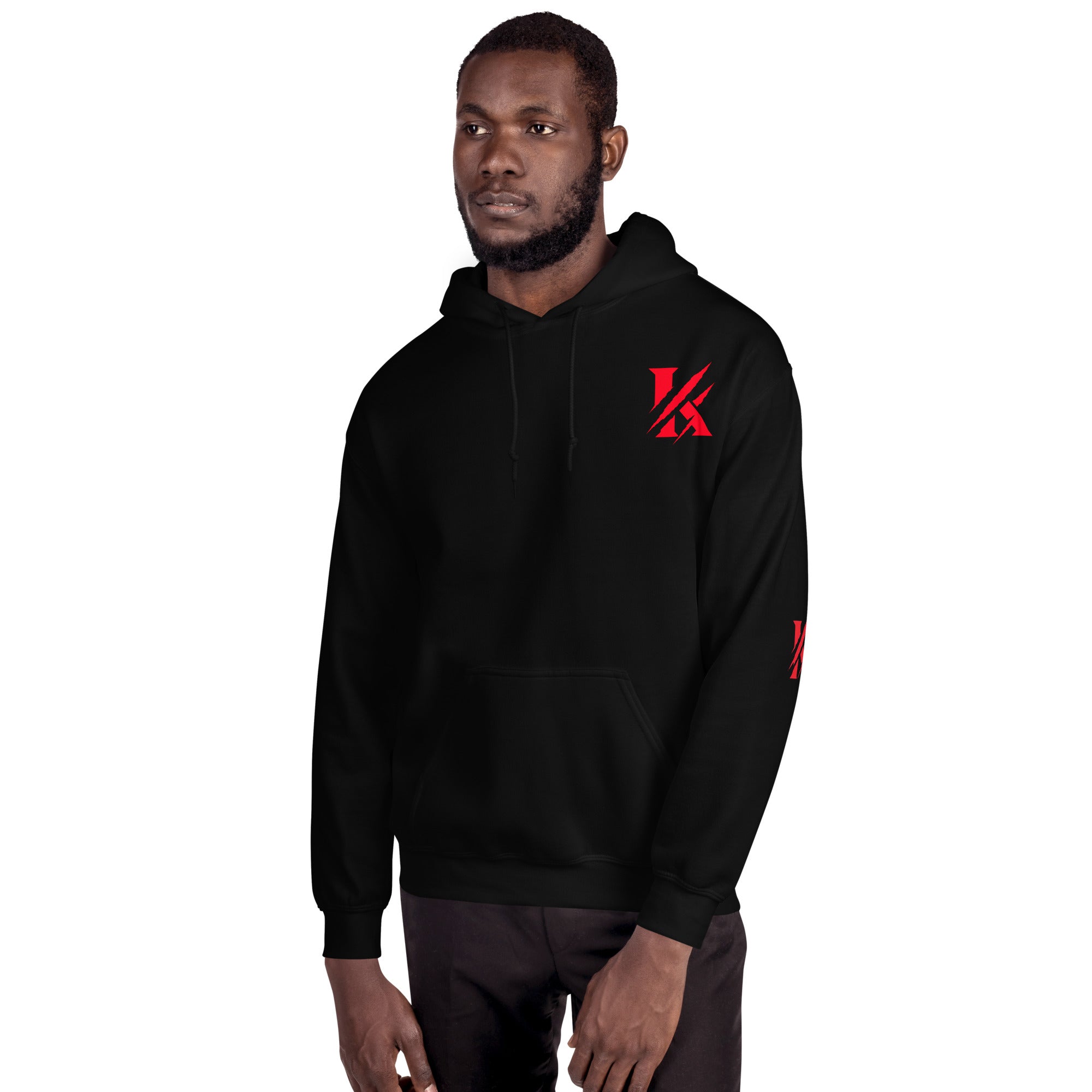 Front view of KHANAGE Collective heavyweight hoodie in black with red logo — premium streetwear NZ
