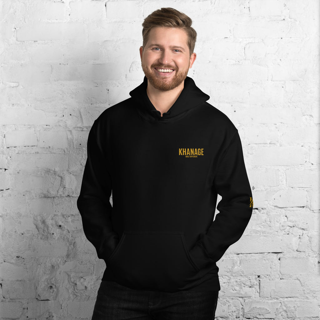 Front view of KHANAGE Built Different premium hoodie — bold streetwear NZ