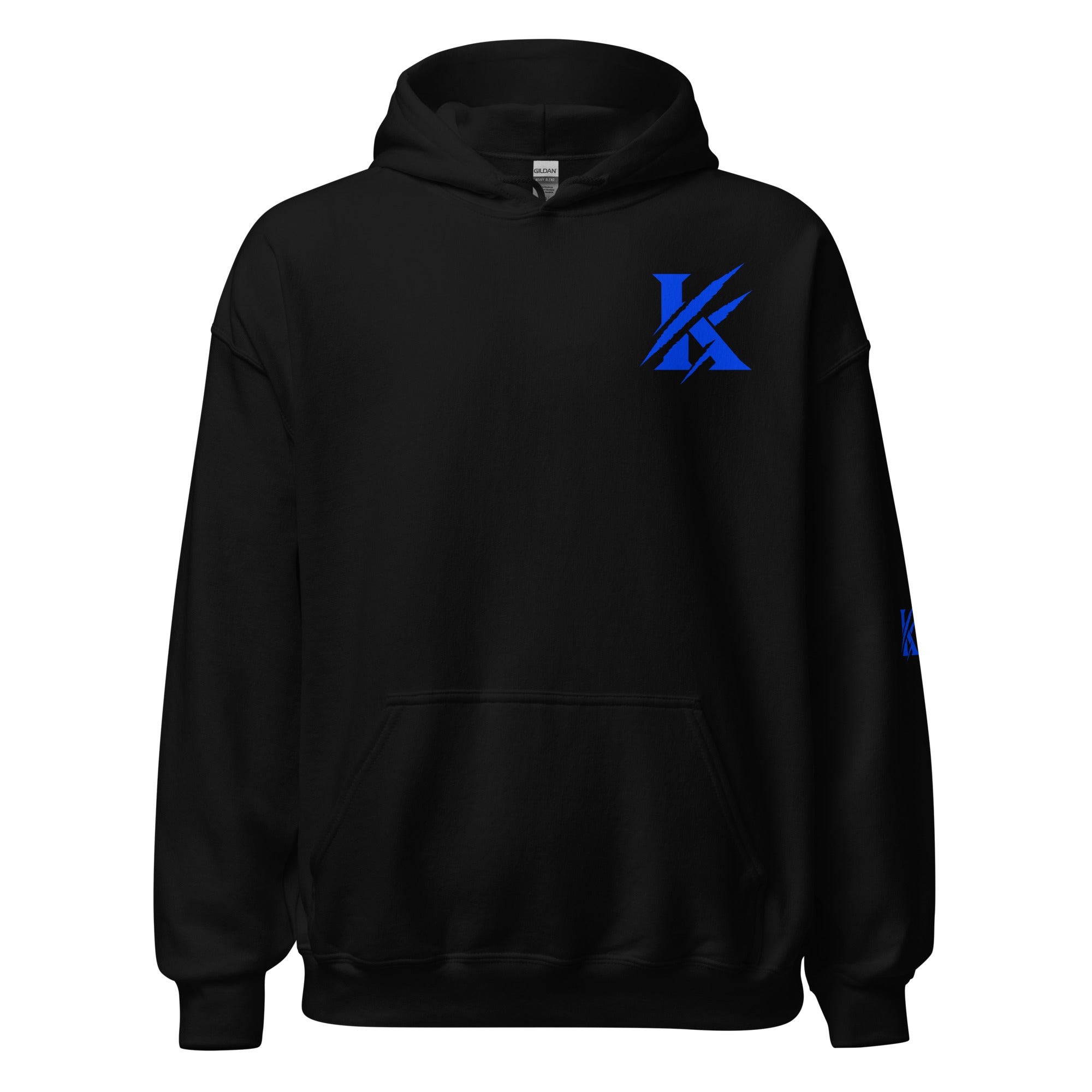 Close-up of KHANAGE signature embroidery on cobalt blue hoodie