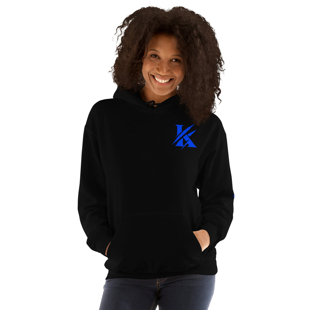 Front view of KHANAGE Collective cobalt blue signature hoodie — premium heavy blend streetwear NZ