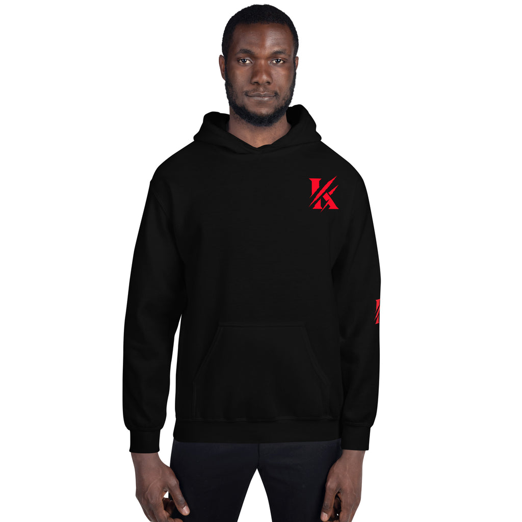 Front view of KHANAGE Collective heavyweight hoodie in black with red logo — premium streetwear NZ