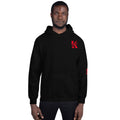 Front view of KHANAGE Collective heavyweight hoodie in black with red logo — premium streetwear NZ