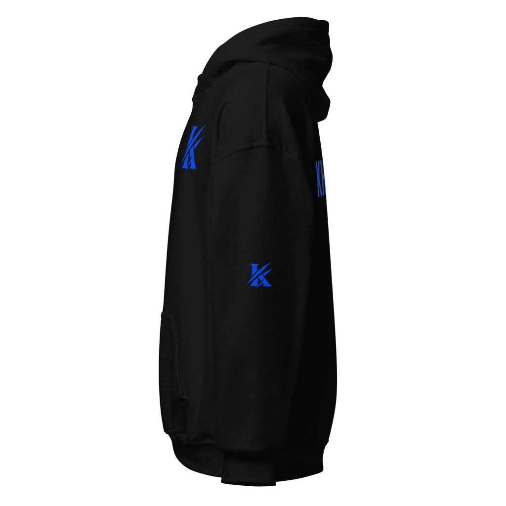 Side view of KHANAGE Collective cobalt blue hoodie — New Zealand streetwear