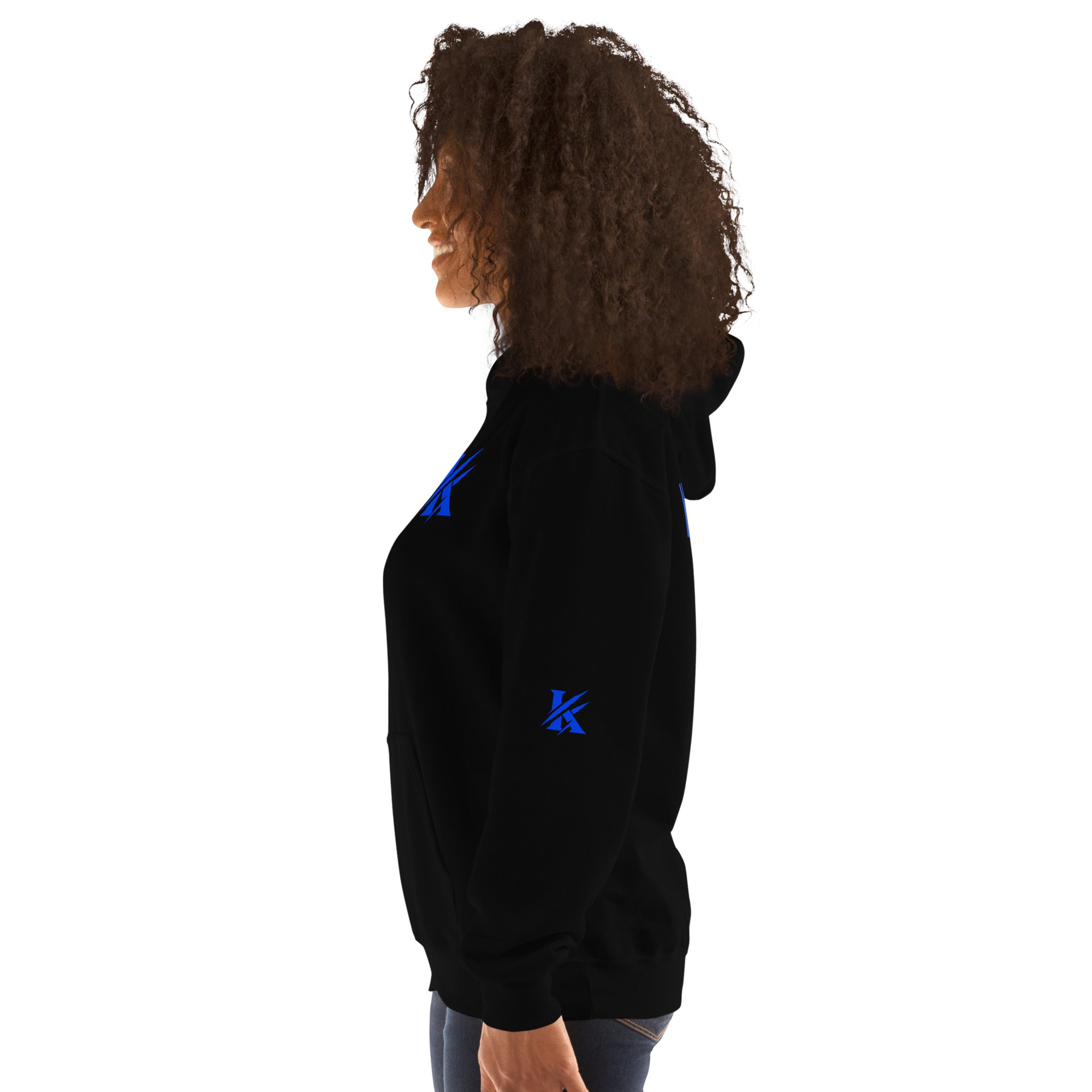 Side view of KHANAGE Collective cobalt blue hoodie — New Zealand streetwear