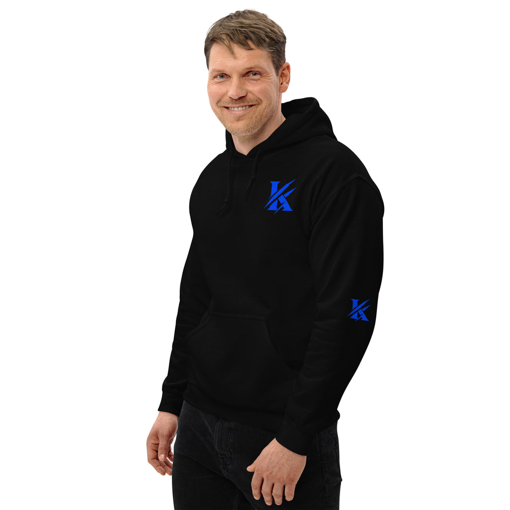 Front view of KHANAGE Collective cobalt blue signature hoodie — premium heavy blend streetwear NZ
