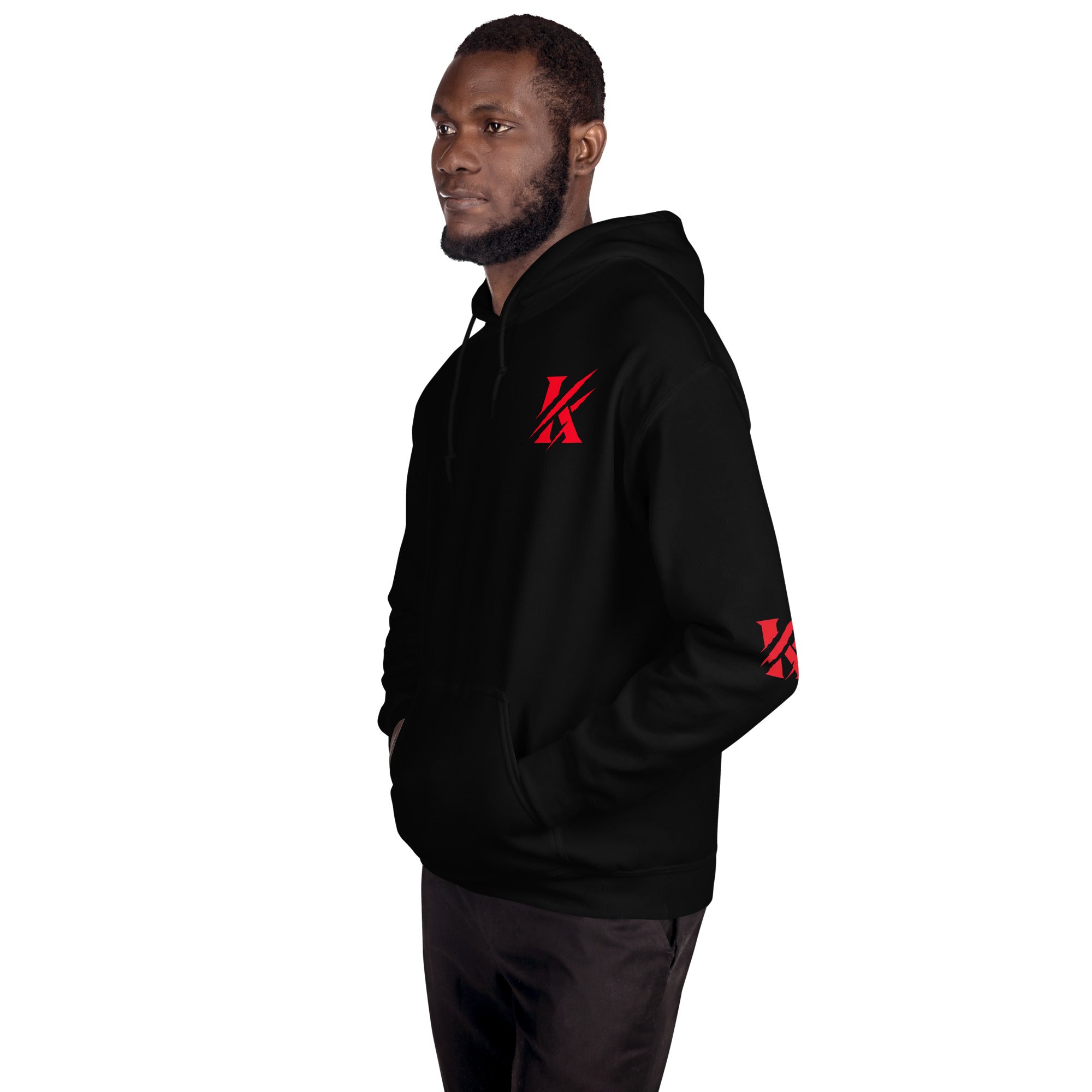 Side view of KHANAGE Collective black heavyweight hoodie — New Zealand streetwear