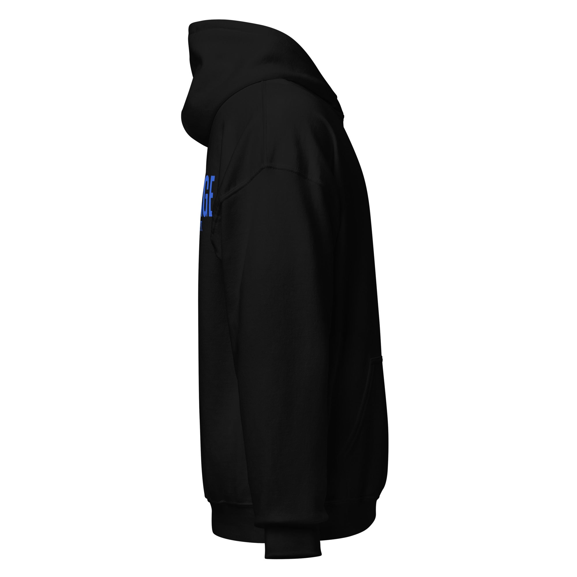 Side view of KHANAGE Collective cobalt blue hoodie — New Zealand streetwear