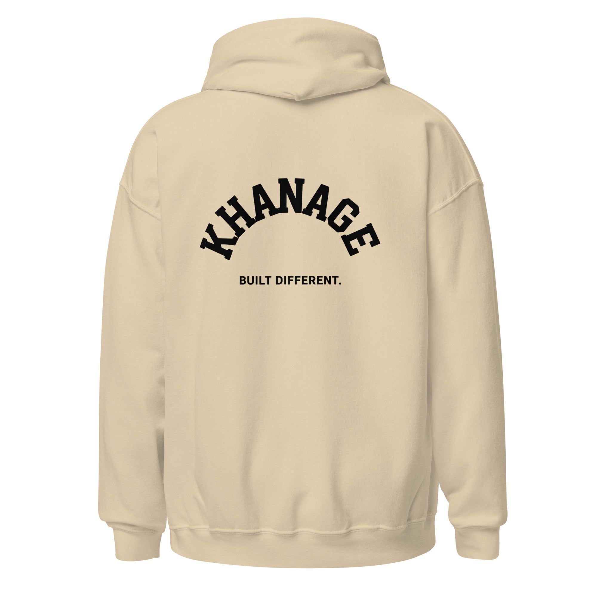 Rear view of KHANAGE Built Different classic logo pullover hoodie