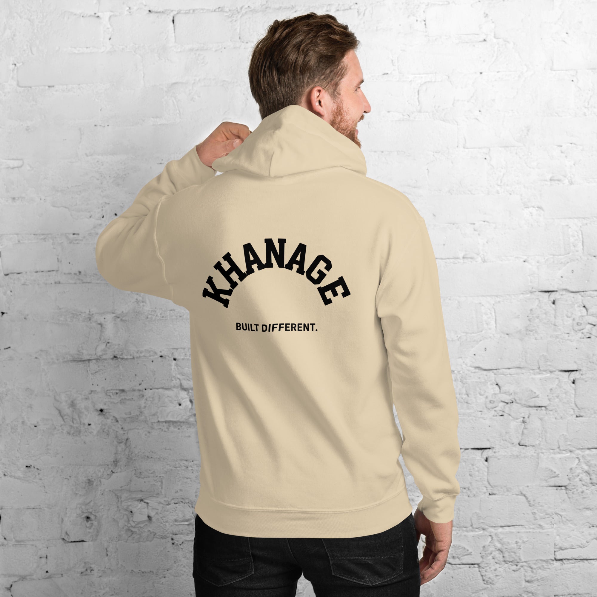 Rear view of KHANAGE Collective Built Different premium hoodie