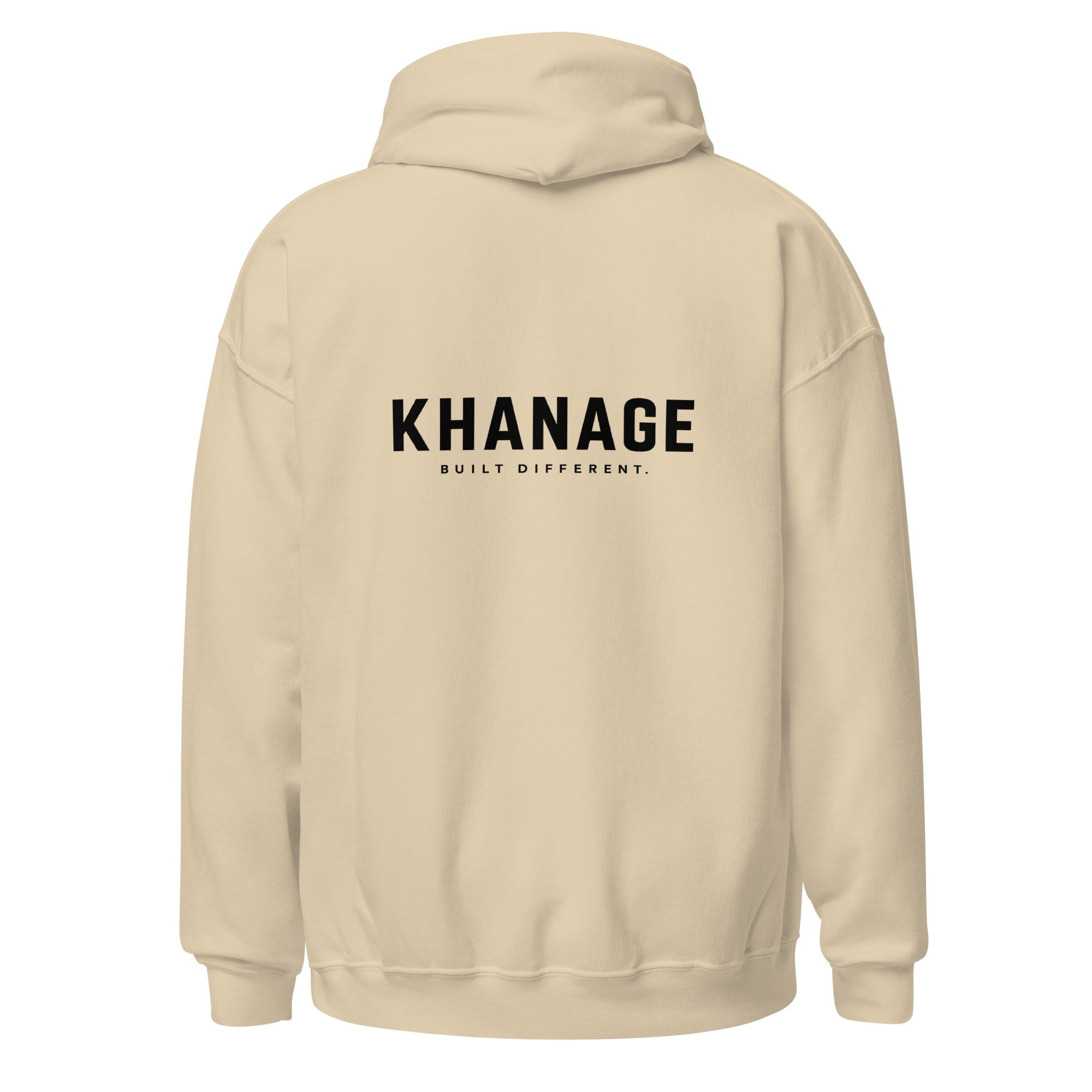 Rear view of KHANAGE Collective heavy blend hoodie in sand