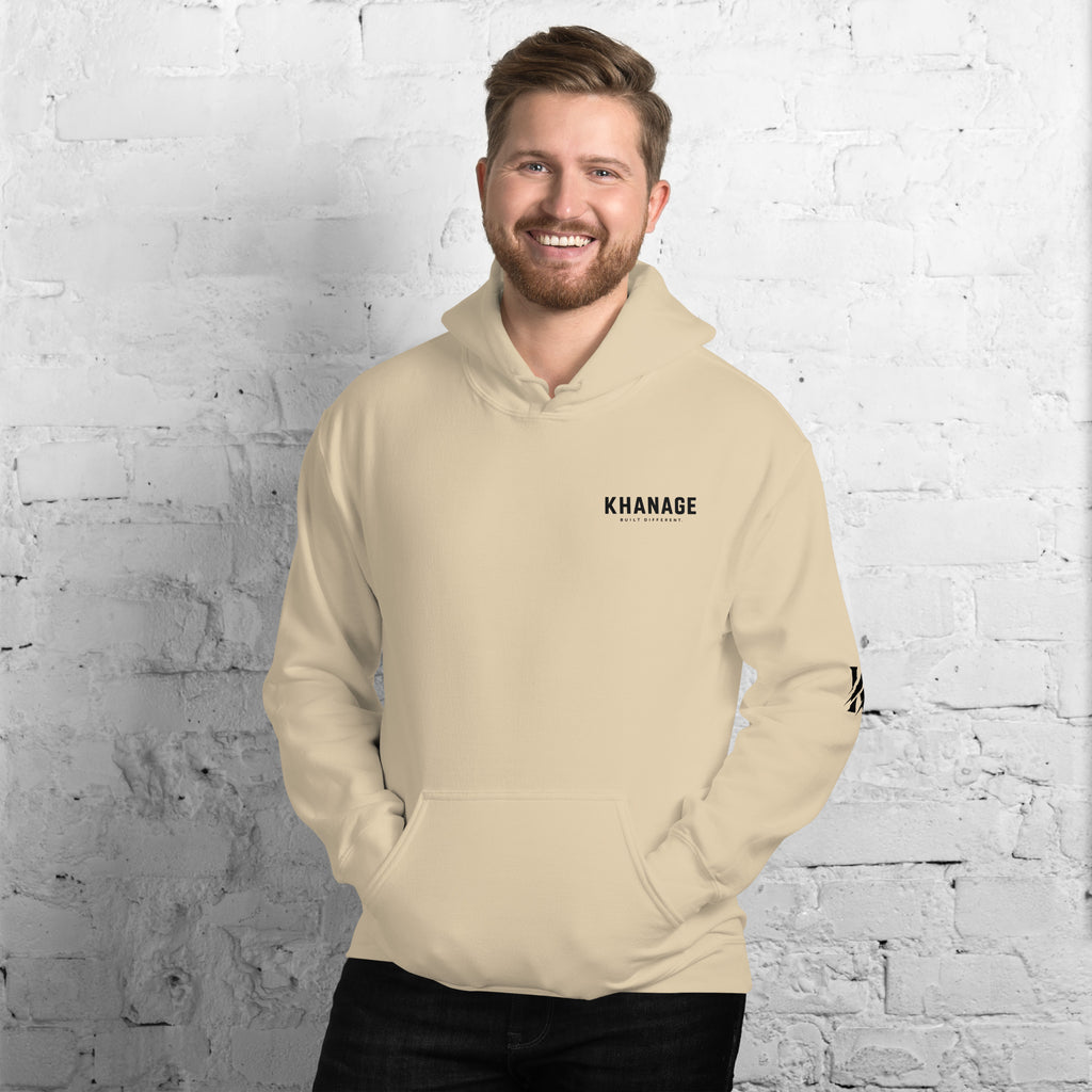 Front view of KHANAGE Collective Built Different premium hoodie — streetwear NZ
