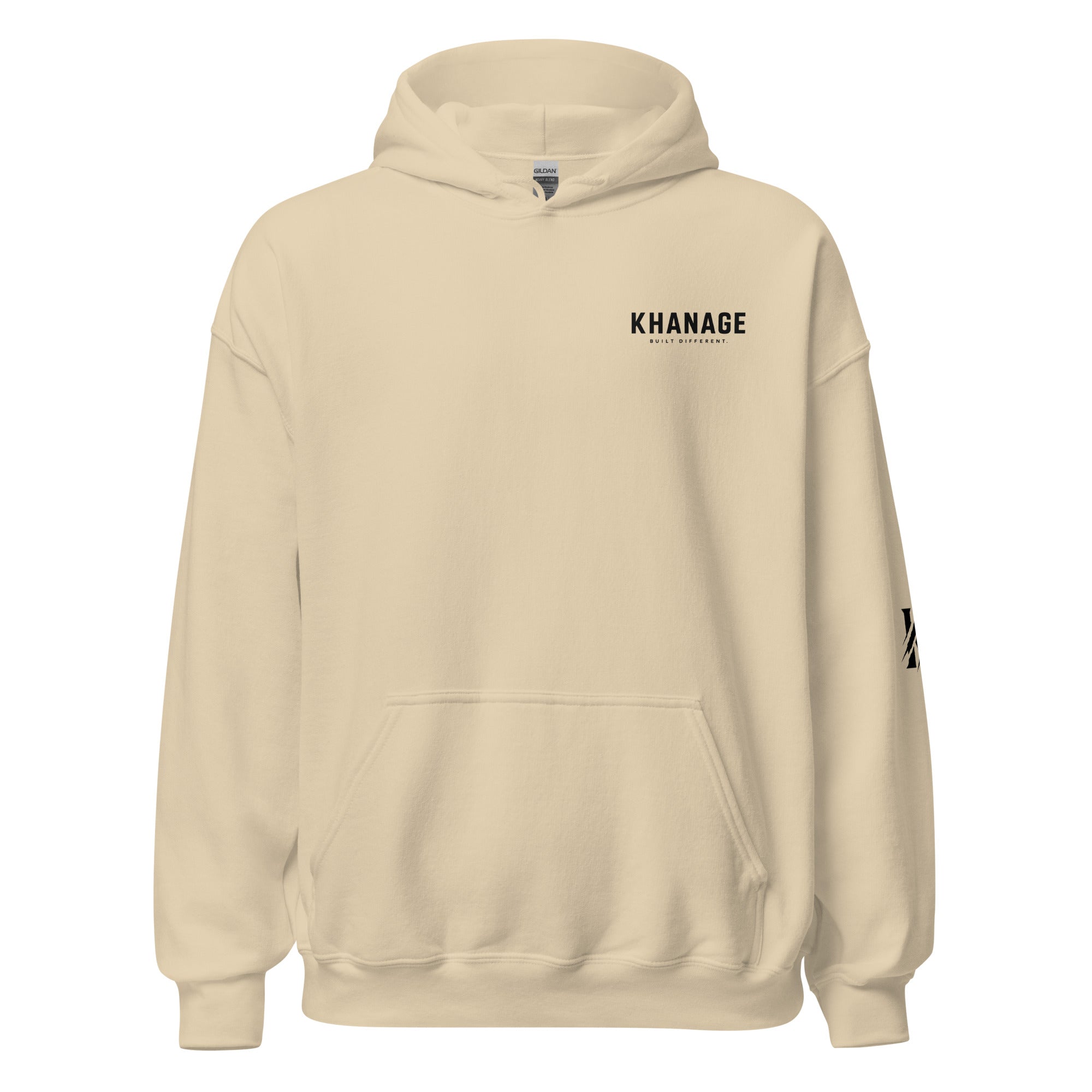 Front view of KHANAGE Collective Built Different premium hoodie — streetwear NZ