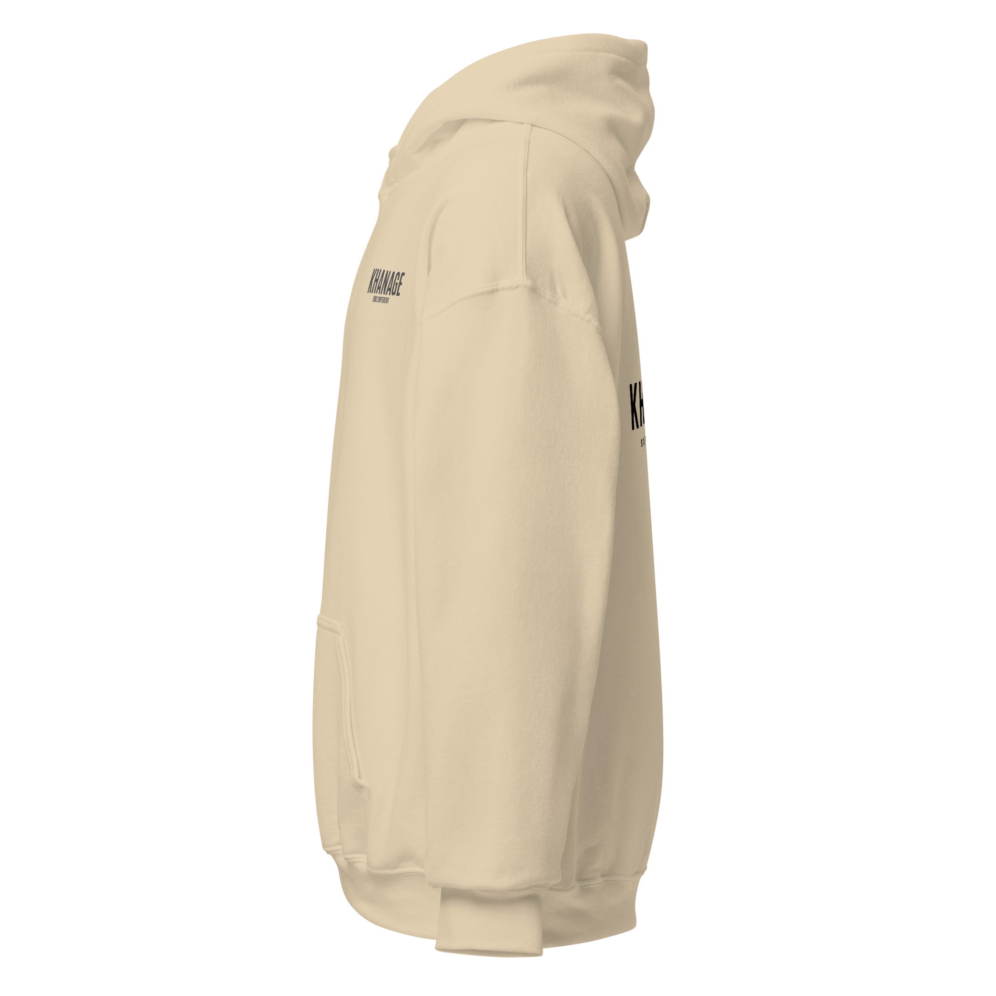 Left side view of KHANAGE Collective heavy blend hoodie in sand