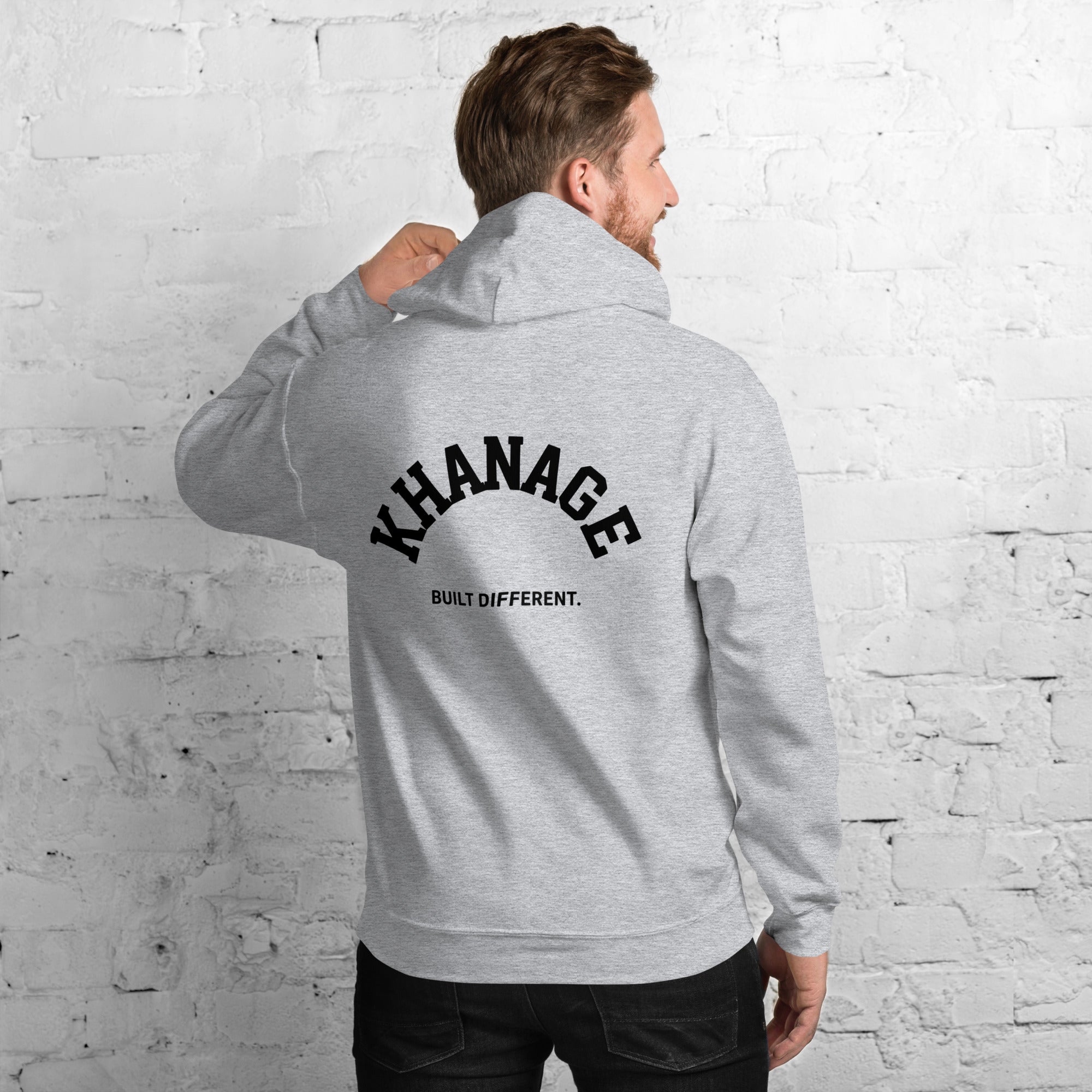 Rear view of KHANAGE Collective Built Different premium hoodie