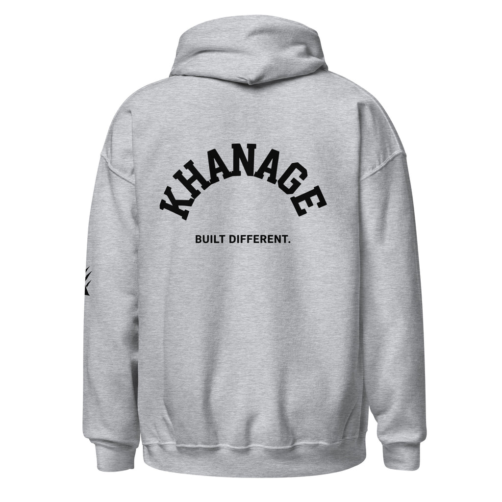 Rear view of KHANAGE Collective Built Different premium hoodie