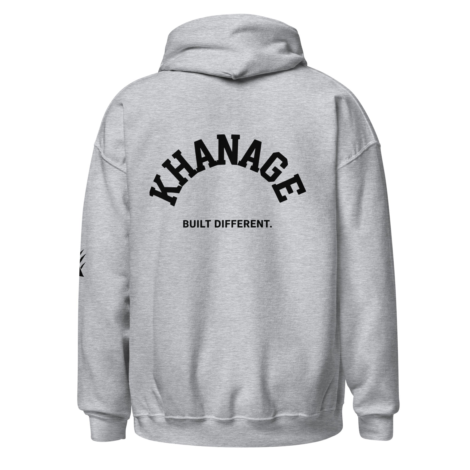 Rear view of KHANAGE Collective Built Different premium hoodie