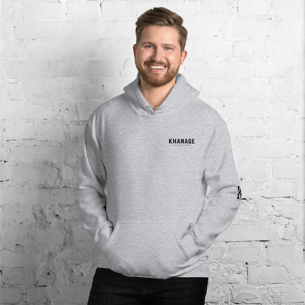 Front view of KHANAGE Collective Built Different premium hoodie — streetwear NZ