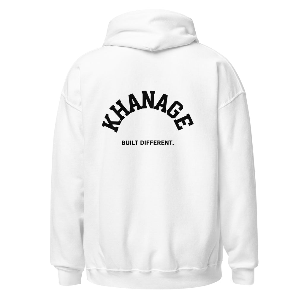 Rear view of KHANAGE Built Different classic logo pullover hoodie